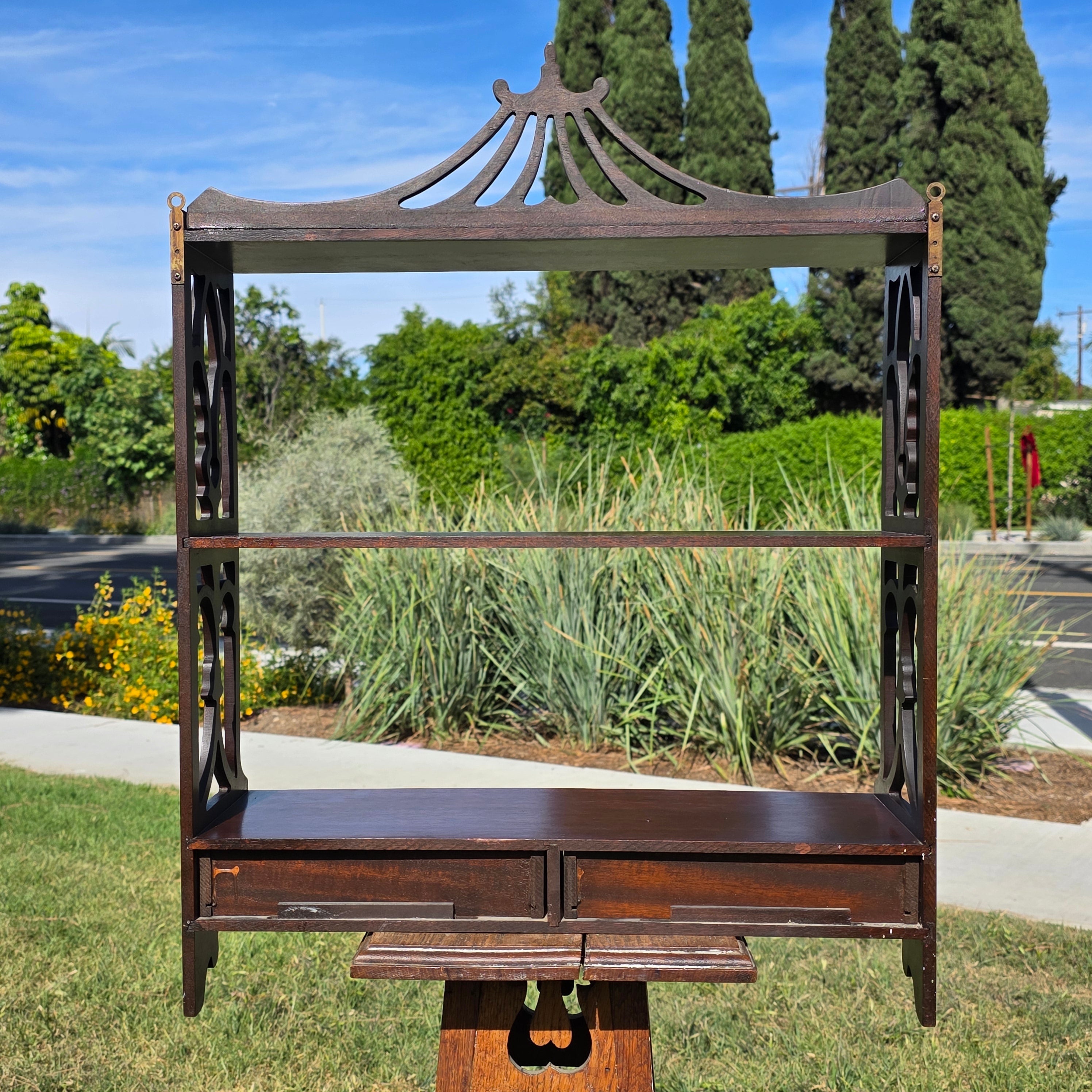 Vintage Pagoda Wall Shelf Chinoiserie Fretwork Display Rack 2 Drawers Mahogany