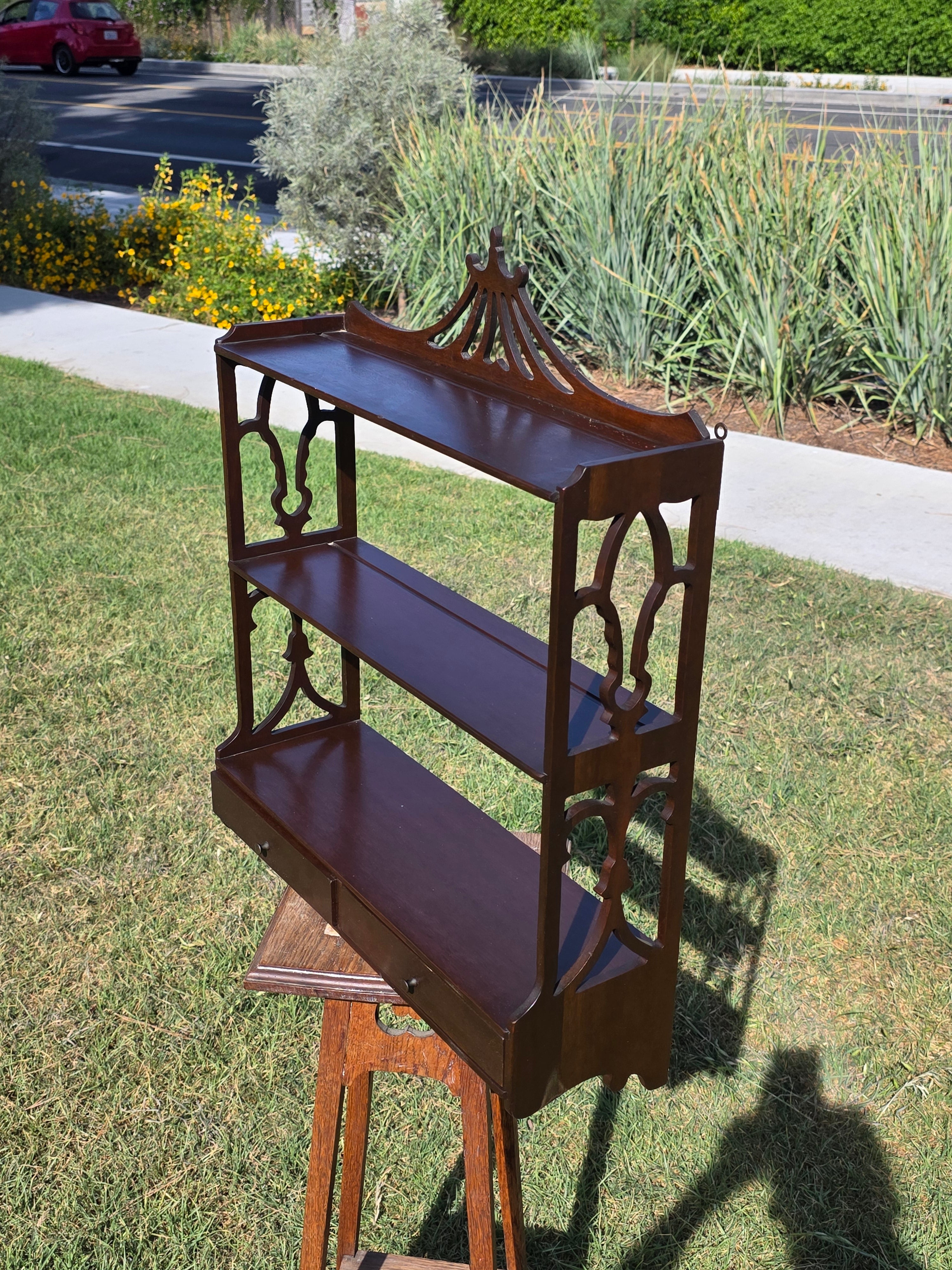 Vintage Pagoda Wall Shelf Chinoiserie Fretwork Display Rack 2 Drawers Mahogany