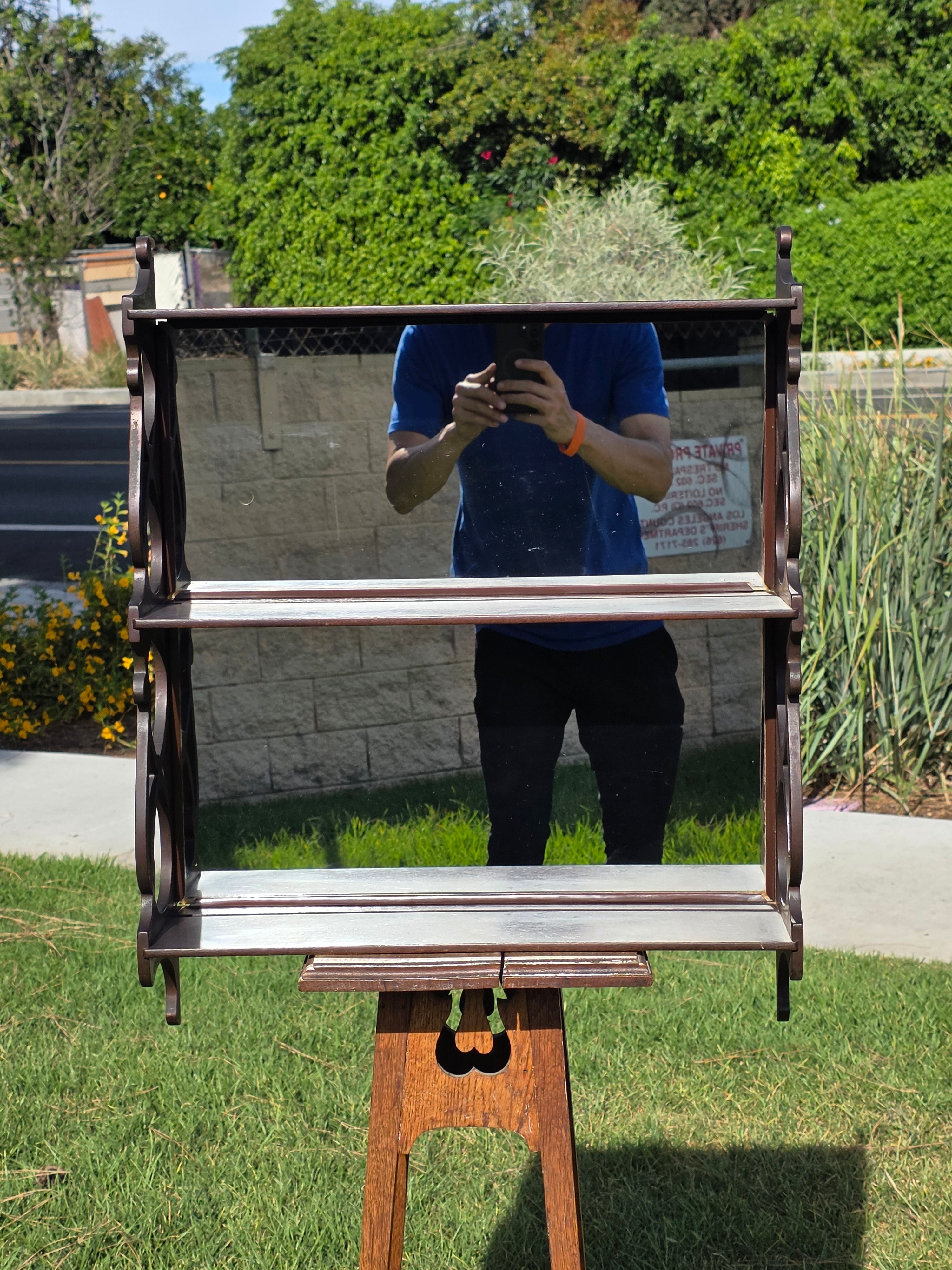 Vintage Mirrored Wall Shelf Fretwork 3 Tier Display Rack Plate Groove Mahogany