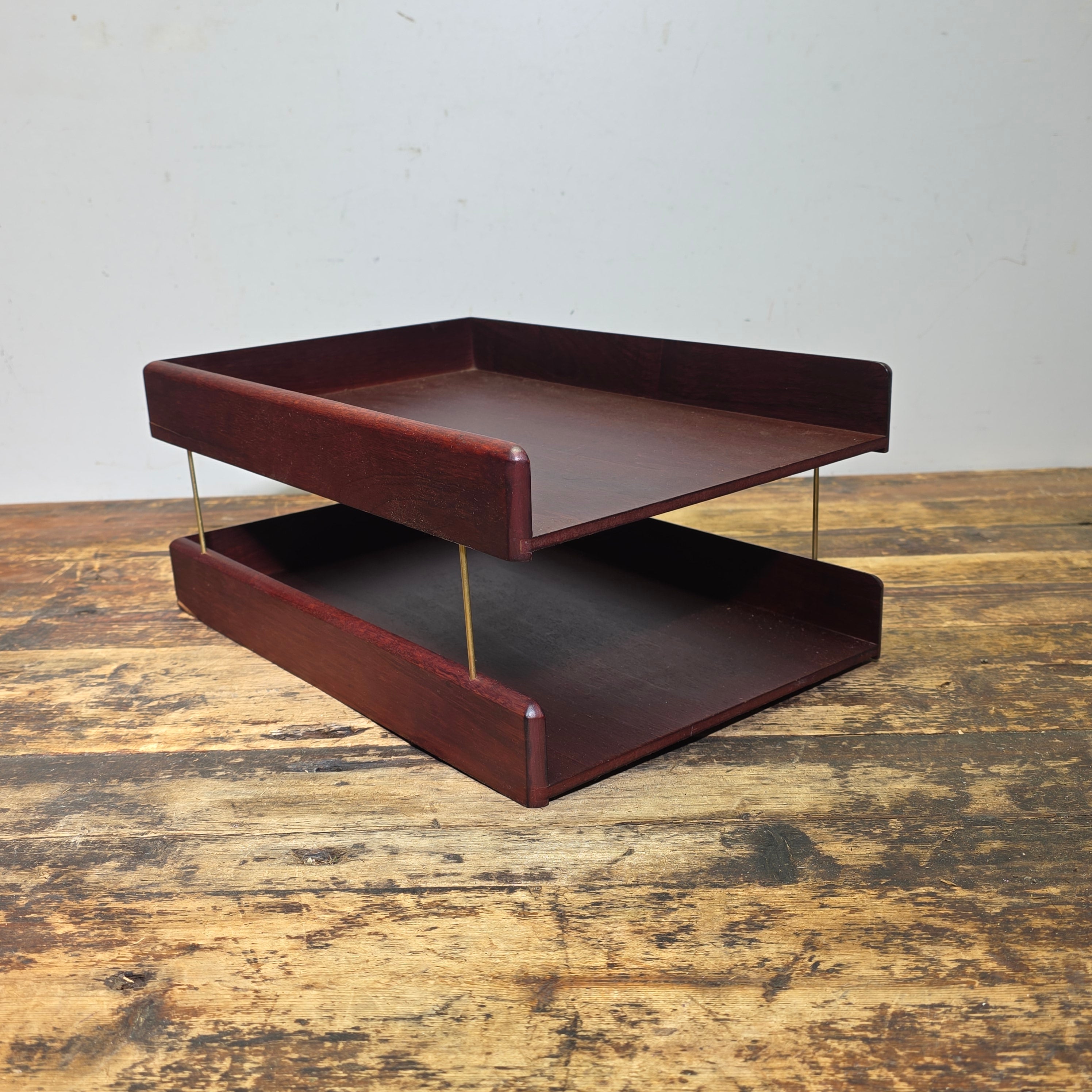 Vintage Carver Wood Products Desk Letter Tray Cherry Oak MCM 2 Tier Damage USA