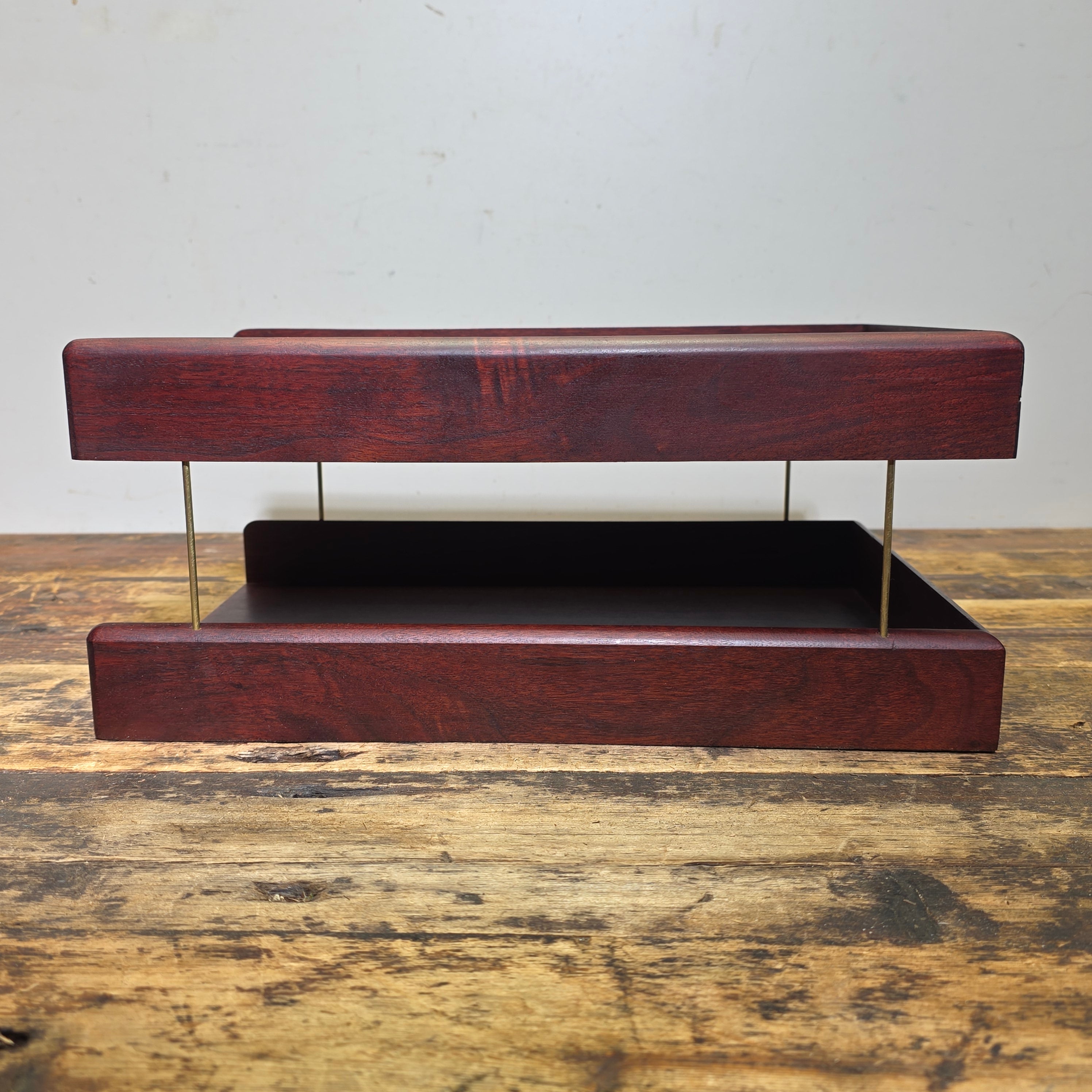 Vintage Carver Wood Products Desk Letter Tray Cherry Oak MCM 2 Tier Damage USA