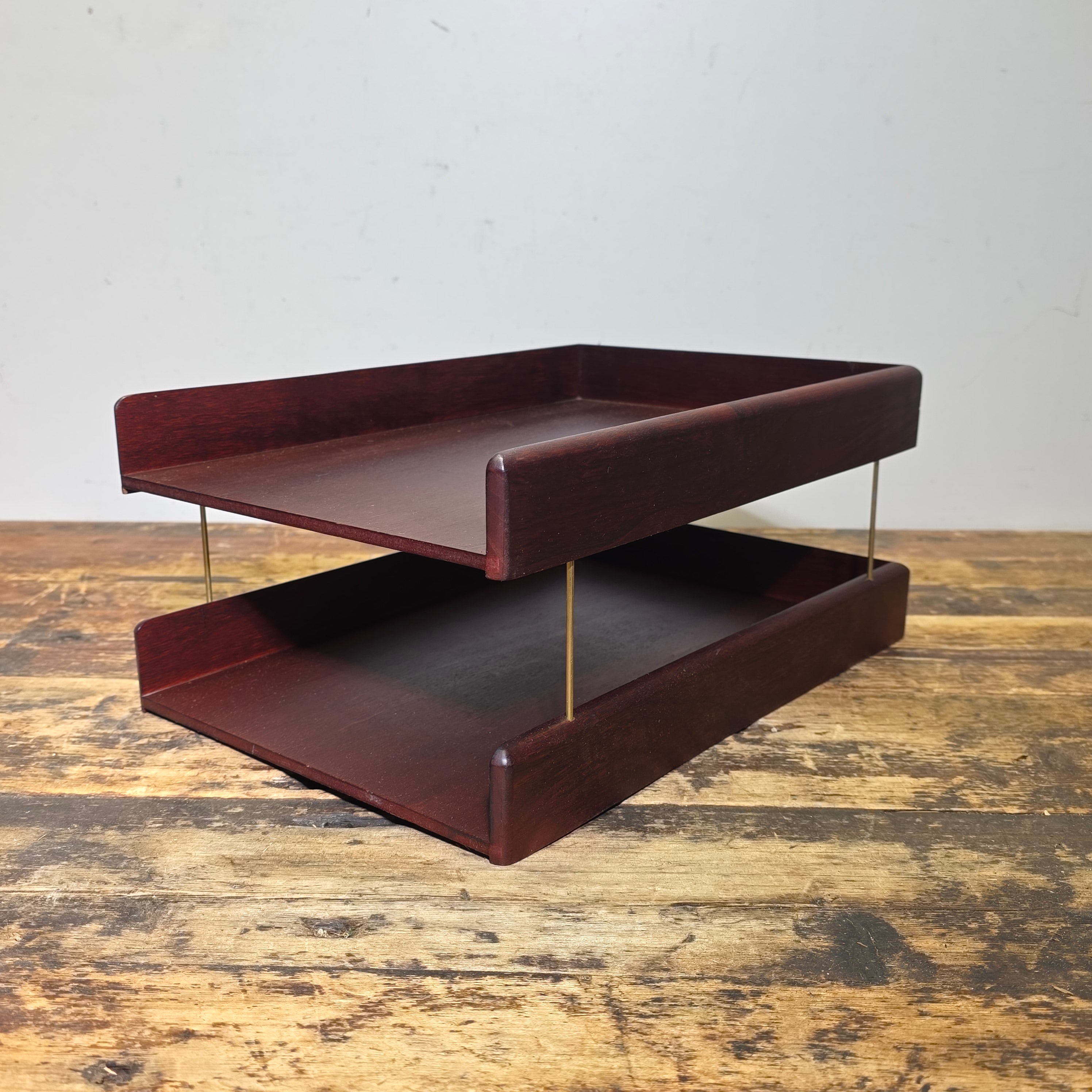 Vintage Carver Wood Products Desk Letter Tray Cherry Oak MCM 2 Tier Damage USA