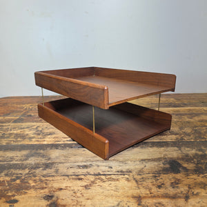 Vintage Carver Wood Products Desk Letter Tray 2 Tier Walnut Oak MCM Damage USA
