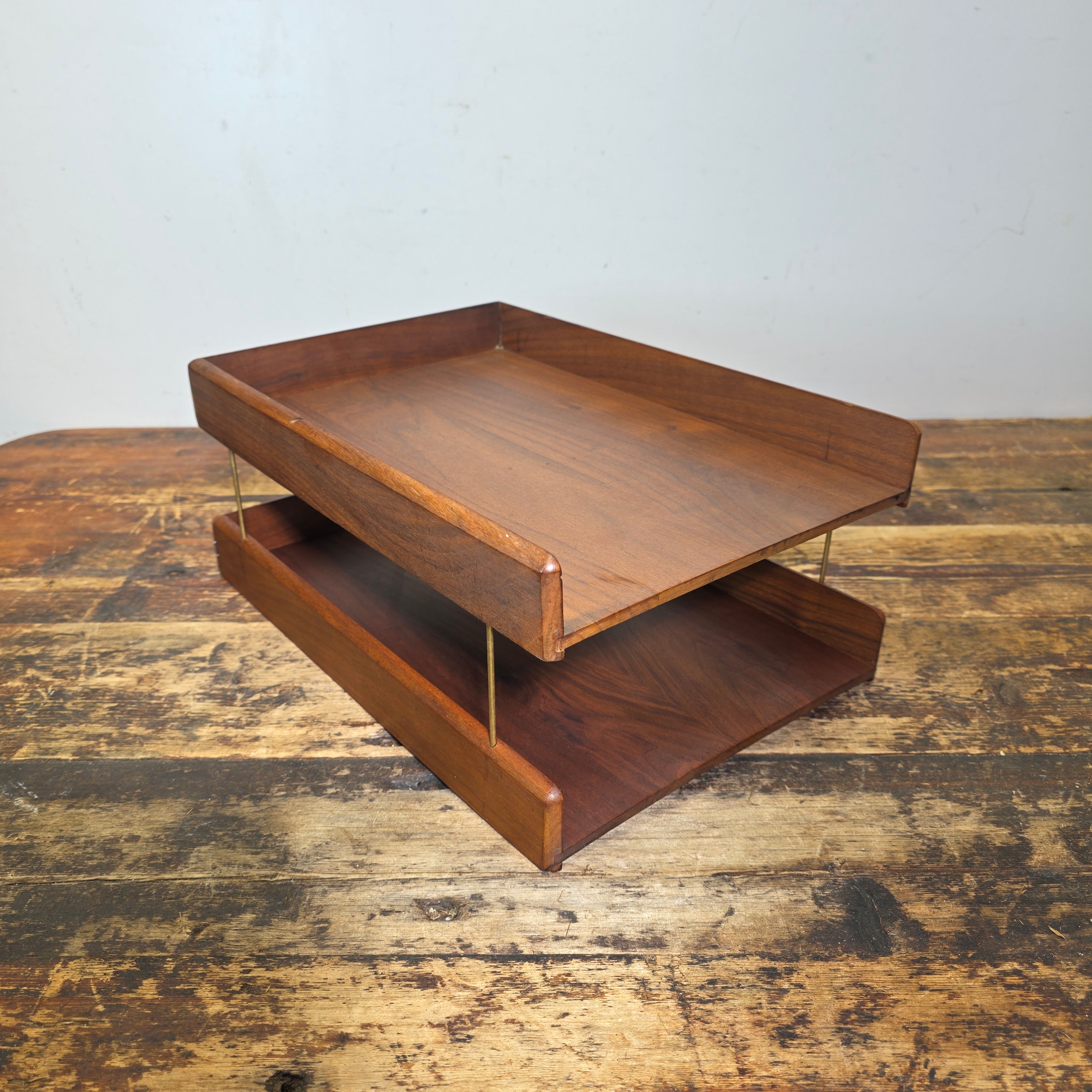 Vintage Carver Wood Products Desk Letter Tray 2 Tier Walnut Oak MCM Damage USA