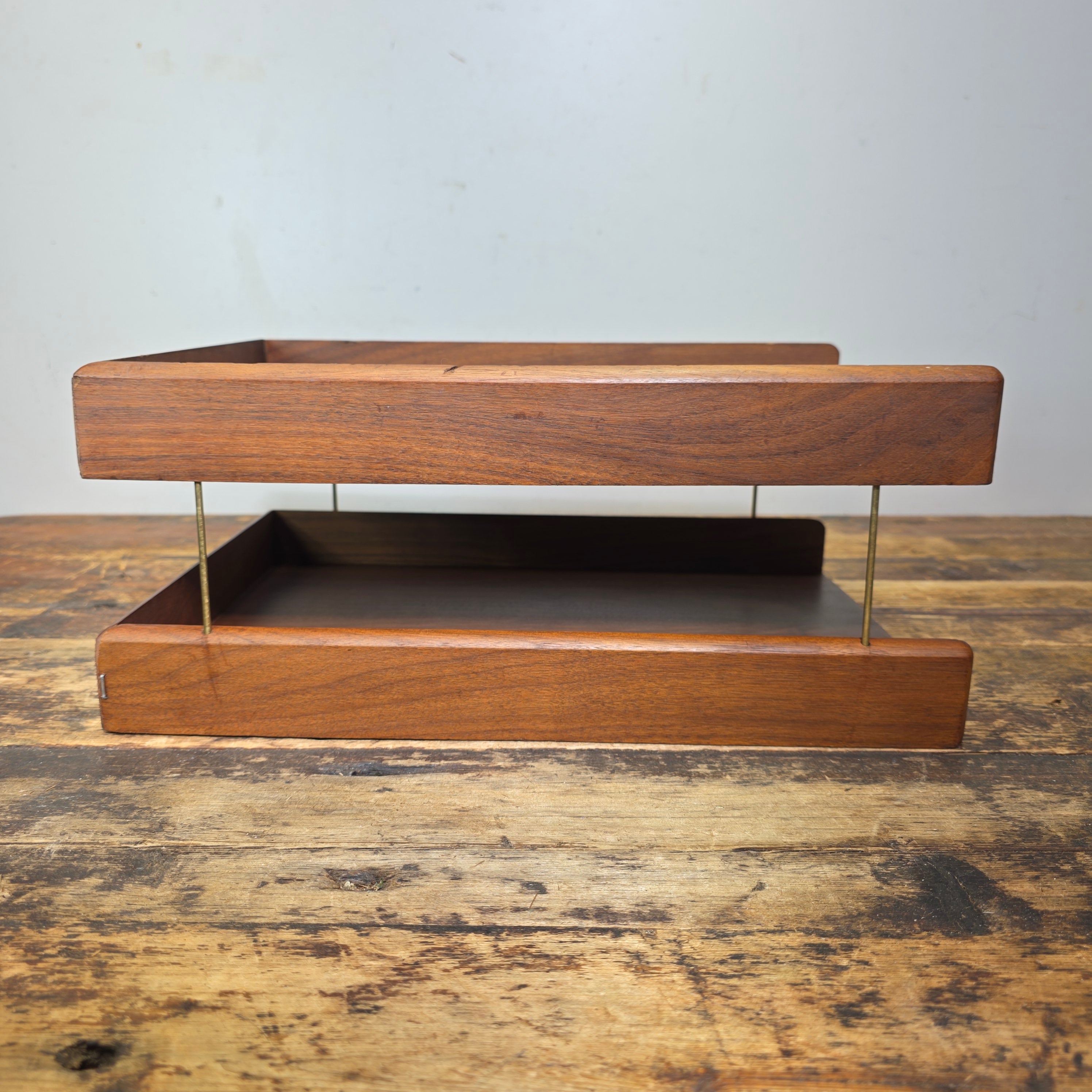 Vintage Carver Wood Products Desk Letter Tray 2 Tier Walnut Oak MCM Damage USA