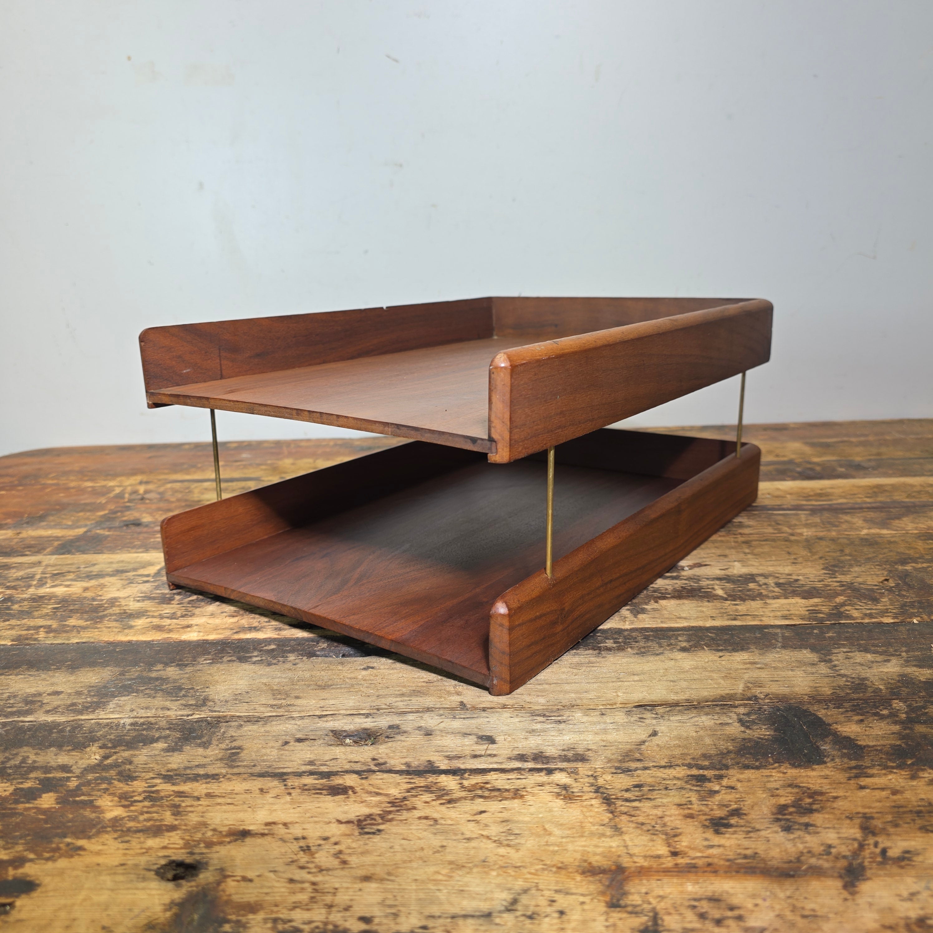 Vintage Carver Wood Products Desk Letter Tray 2 Tier Walnut Oak MCM Damage USA
