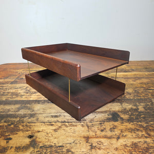 Vintage Carver Wood Products Desk Letter Tray 2 Tier Cherry Oak MCM Damage USA