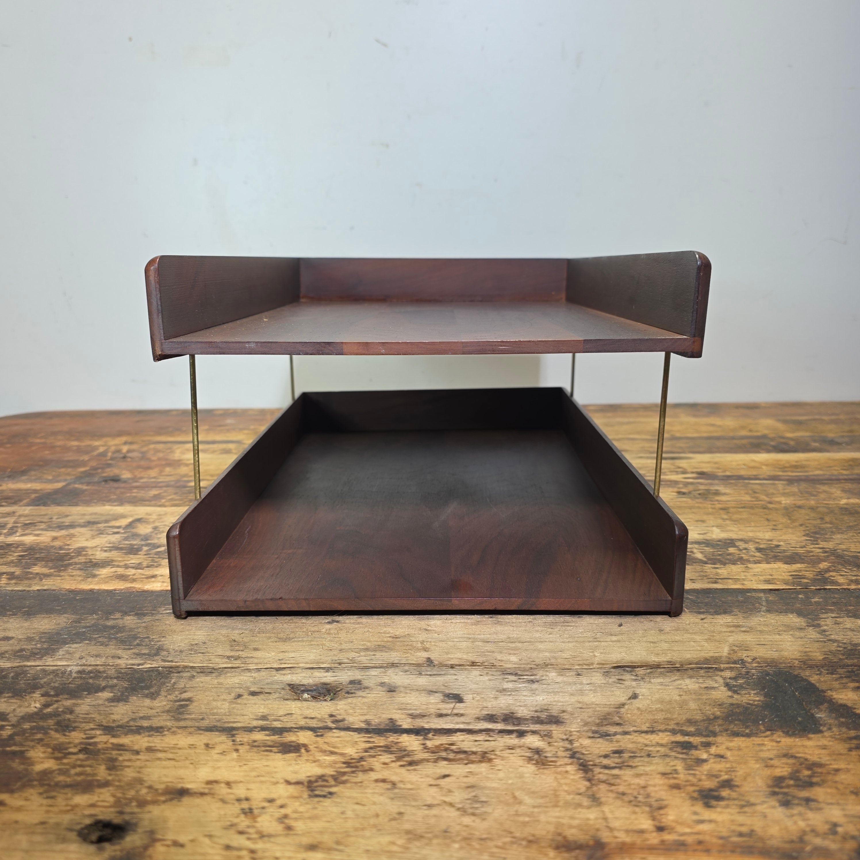 Vintage Carver Wood Products Desk Letter Tray 2 Tier Cherry Oak MCM Damage USA