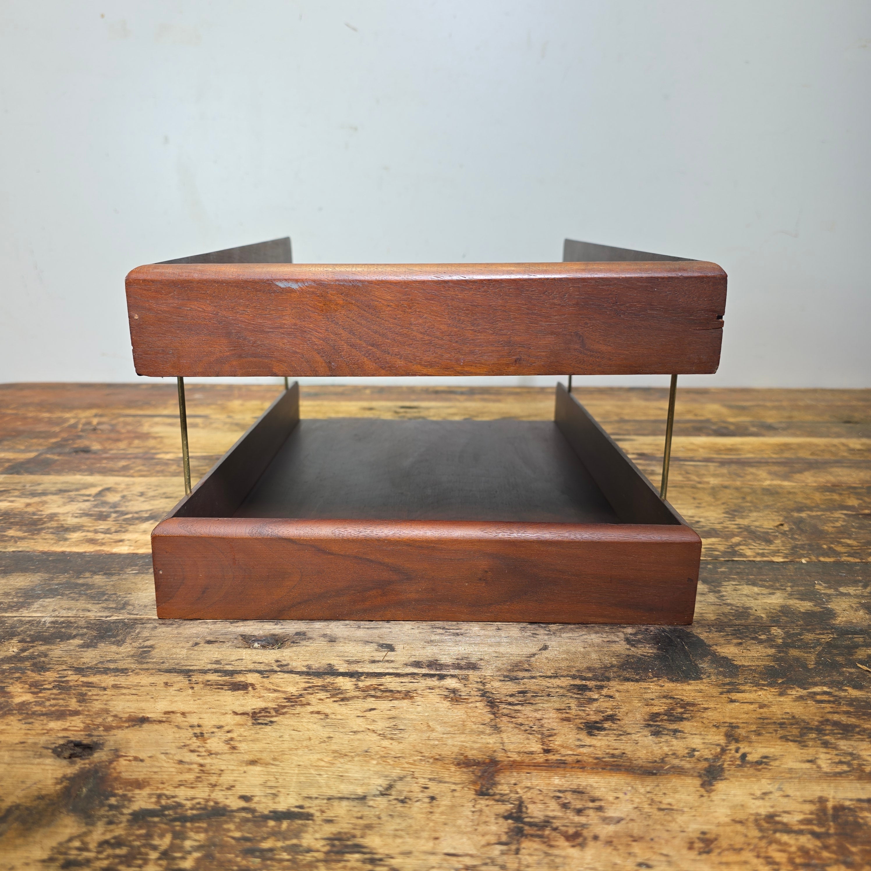 Vintage Carver Wood Products Desk Letter Tray 2 Tier Cherry Oak MCM Damage USA