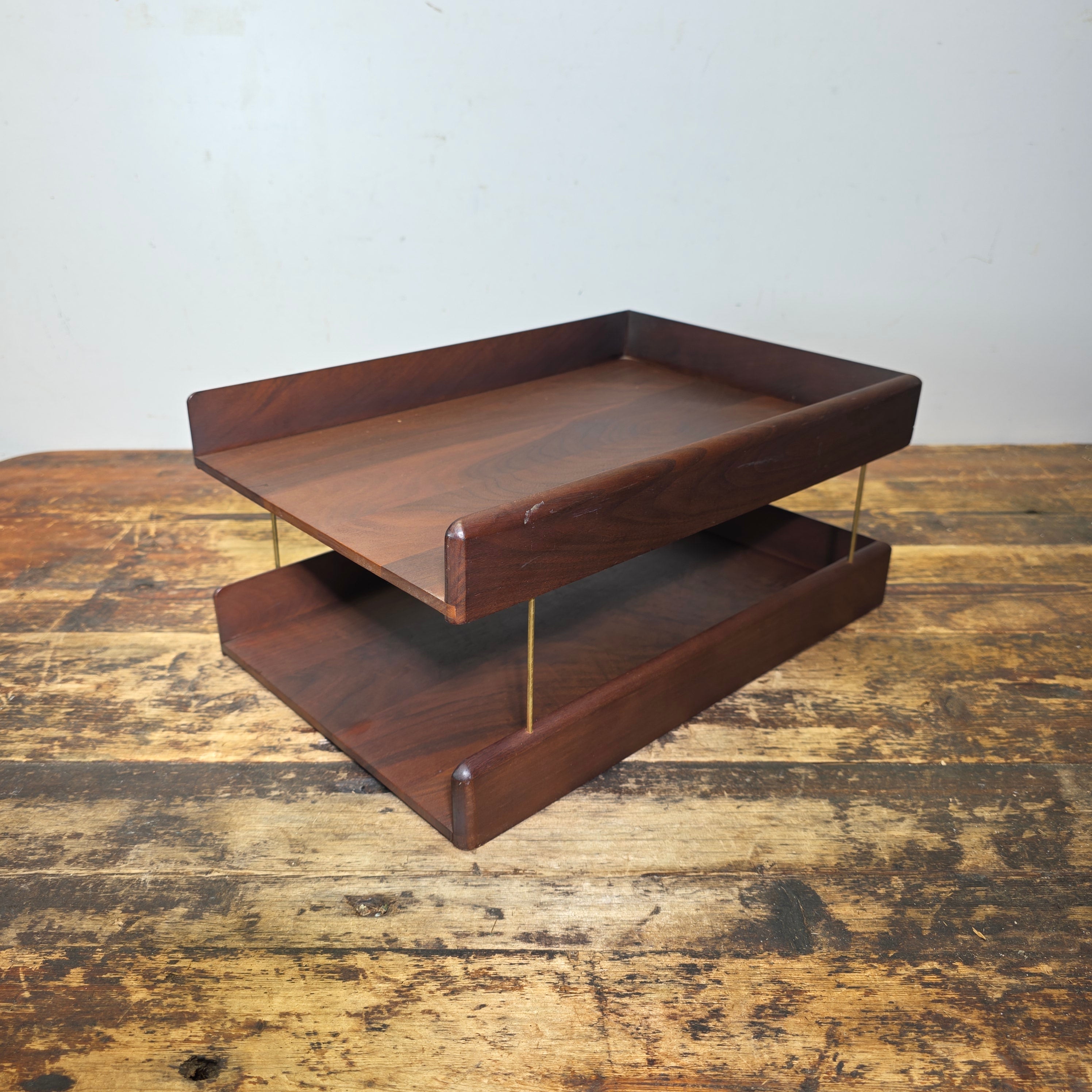 Vintage Carver Wood Products Desk Letter Tray 2 Tier Cherry Oak MCM Damage USA