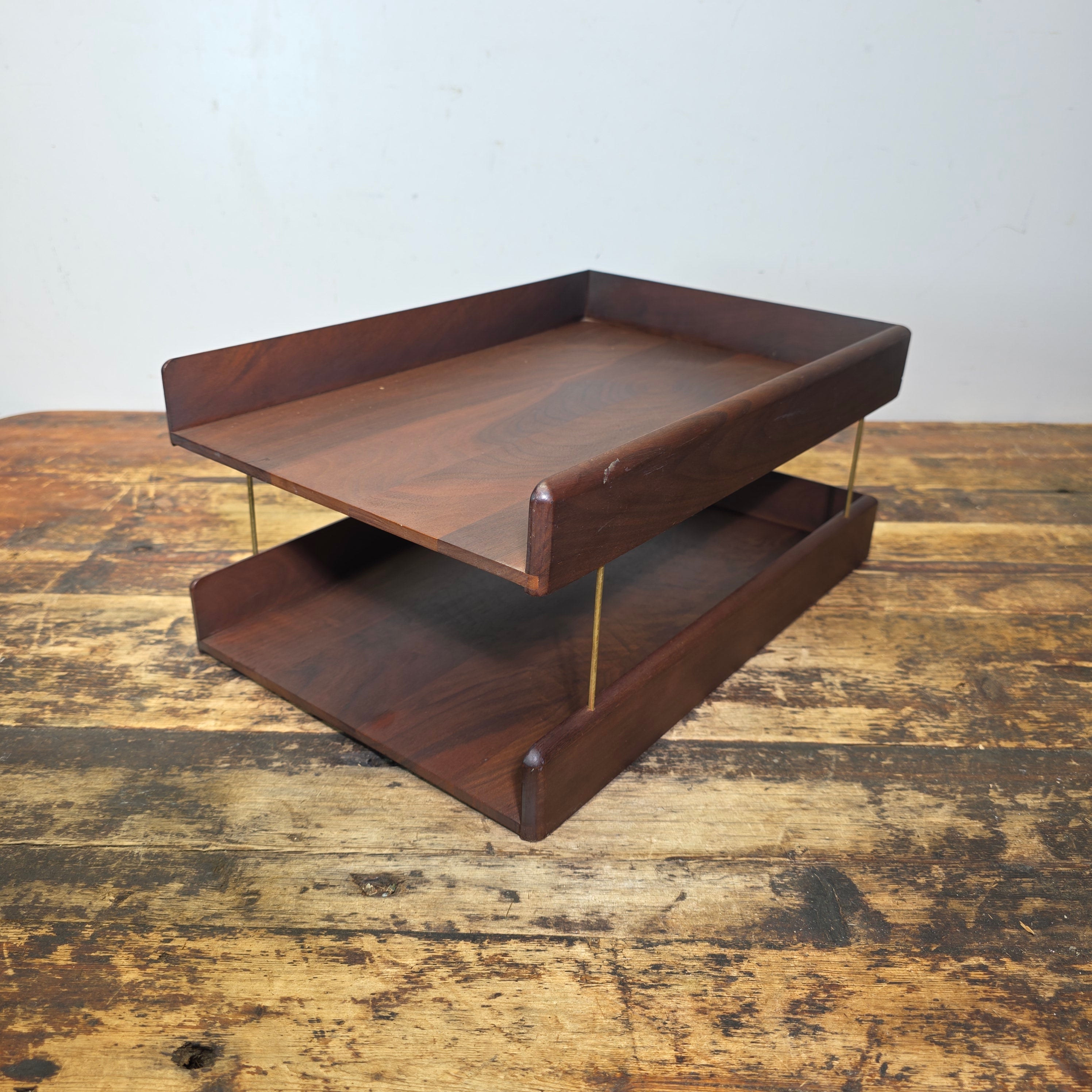 Vintage Carver Wood Products Desk Letter Tray 2 Tier Cherry Oak MCM Damage USA