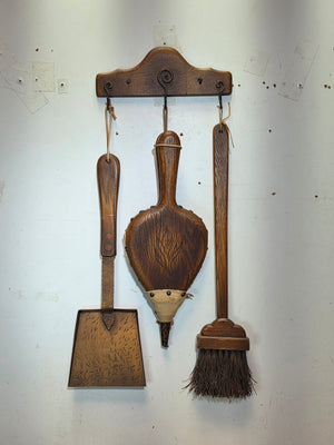 Vintage Fireplace Tool Set Oak Wood Copper Shovel Bellows Brush Wall Mount MCM