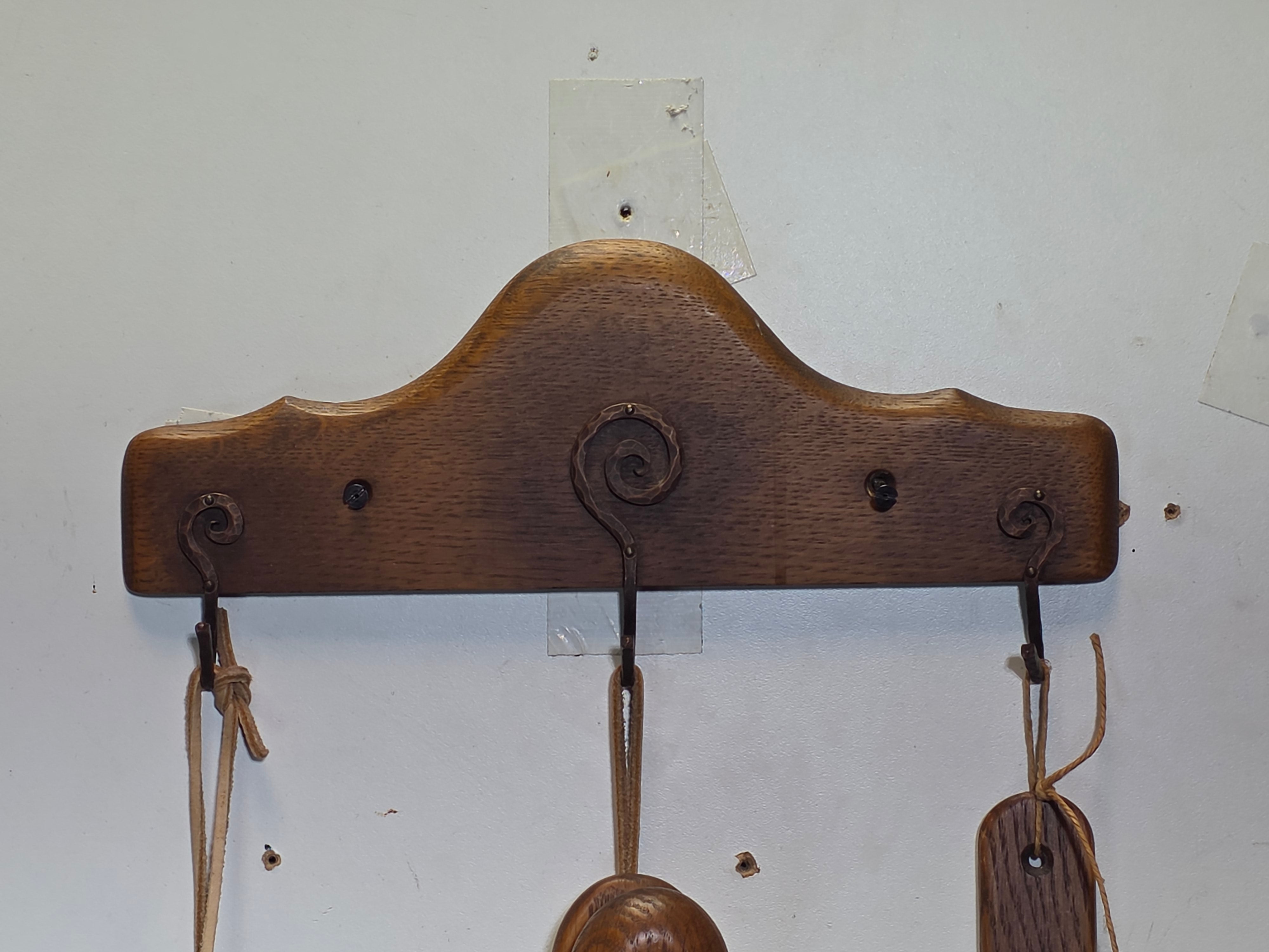 Vintage Fireplace Tool Set Oak Wood Copper Shovel Bellows Brush Wall Mount MCM