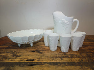 Vintage Indiana Glass Colony Harvest Grape Pitcher 9 Cups Garland Fruit Bowl Set