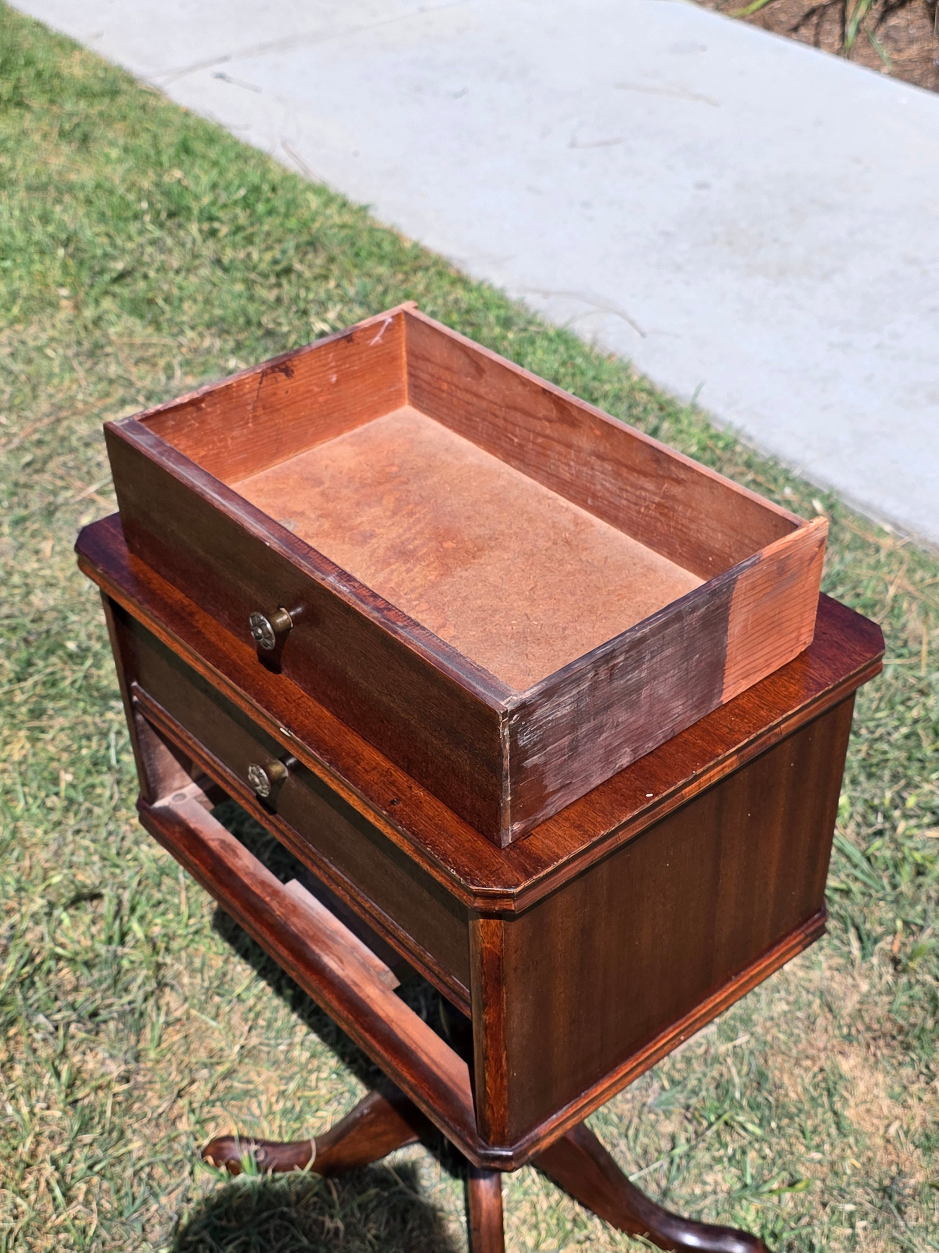 Vintage Duncan Phyfe Style Sewing Cabinet Side Table Mahogany Wood Spool Drawer