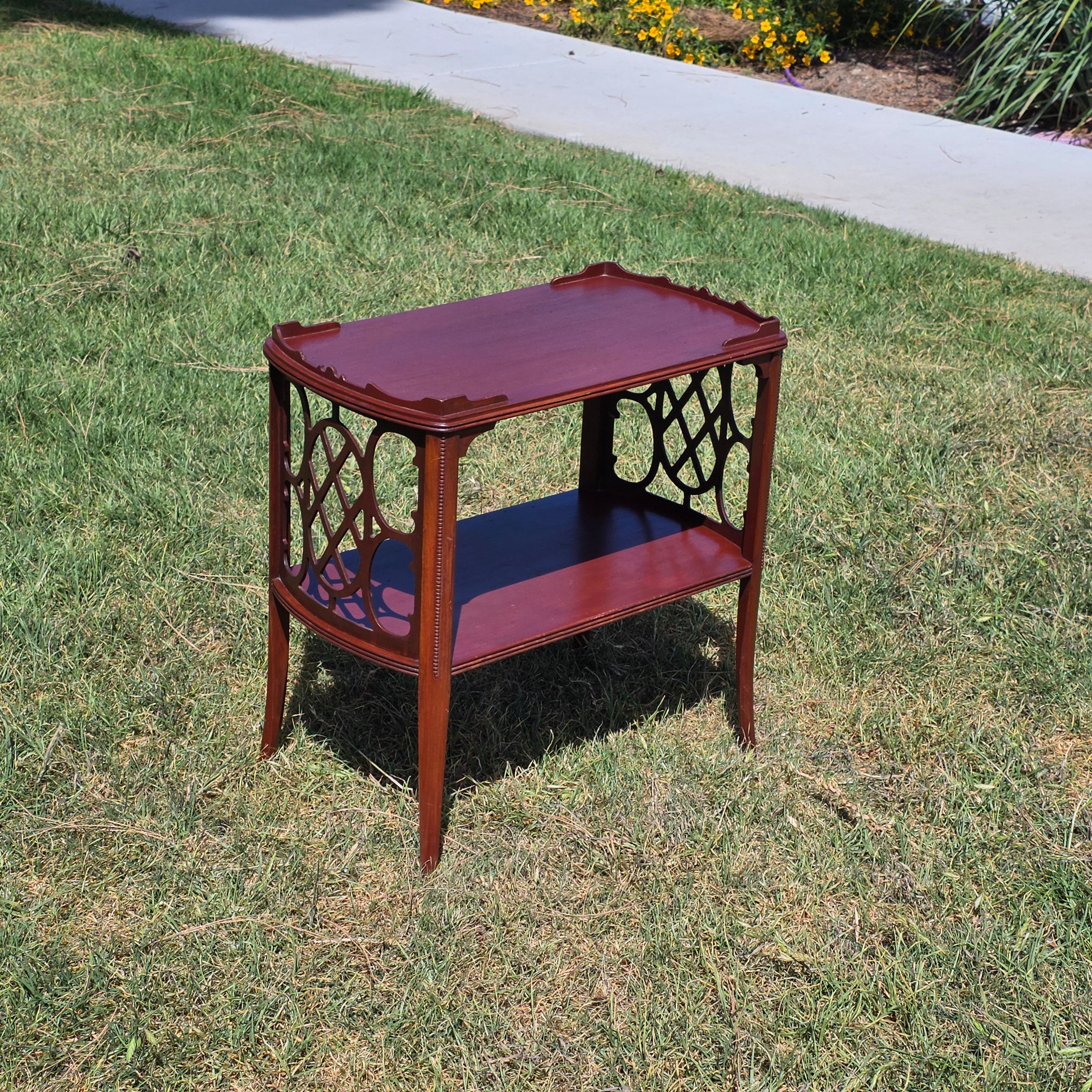 Vintage Butler Side Table Magazine Rack Mahogany Fretwork Beaded Leg