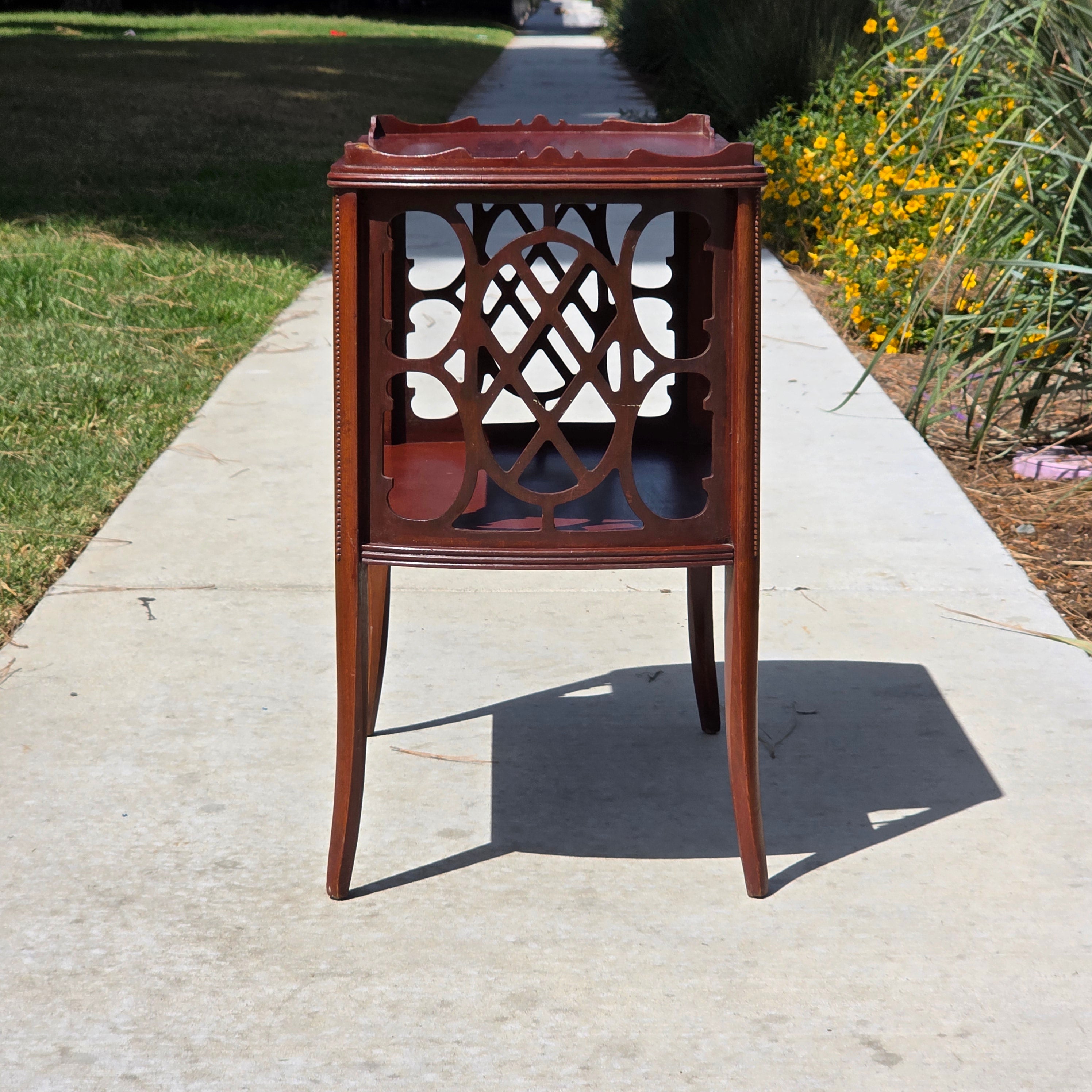 Vintage Butler Side Table Magazine Rack Mahogany Fretwork Beaded Leg