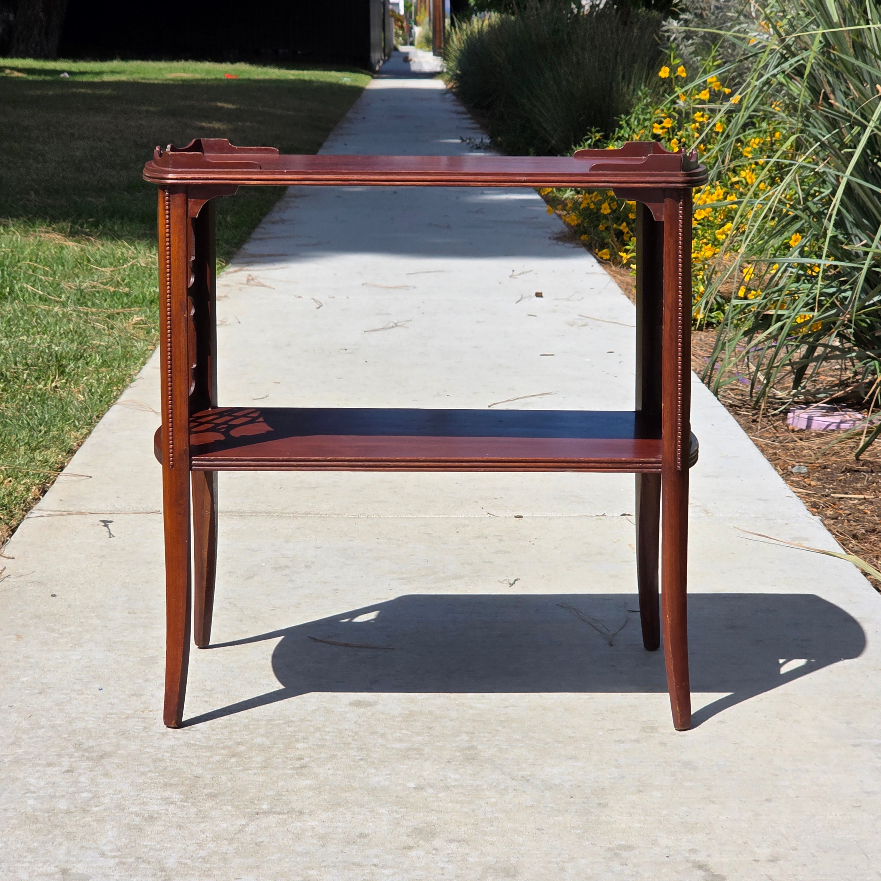Vintage Butler Side Table Magazine Rack Mahogany Fretwork Beaded Leg