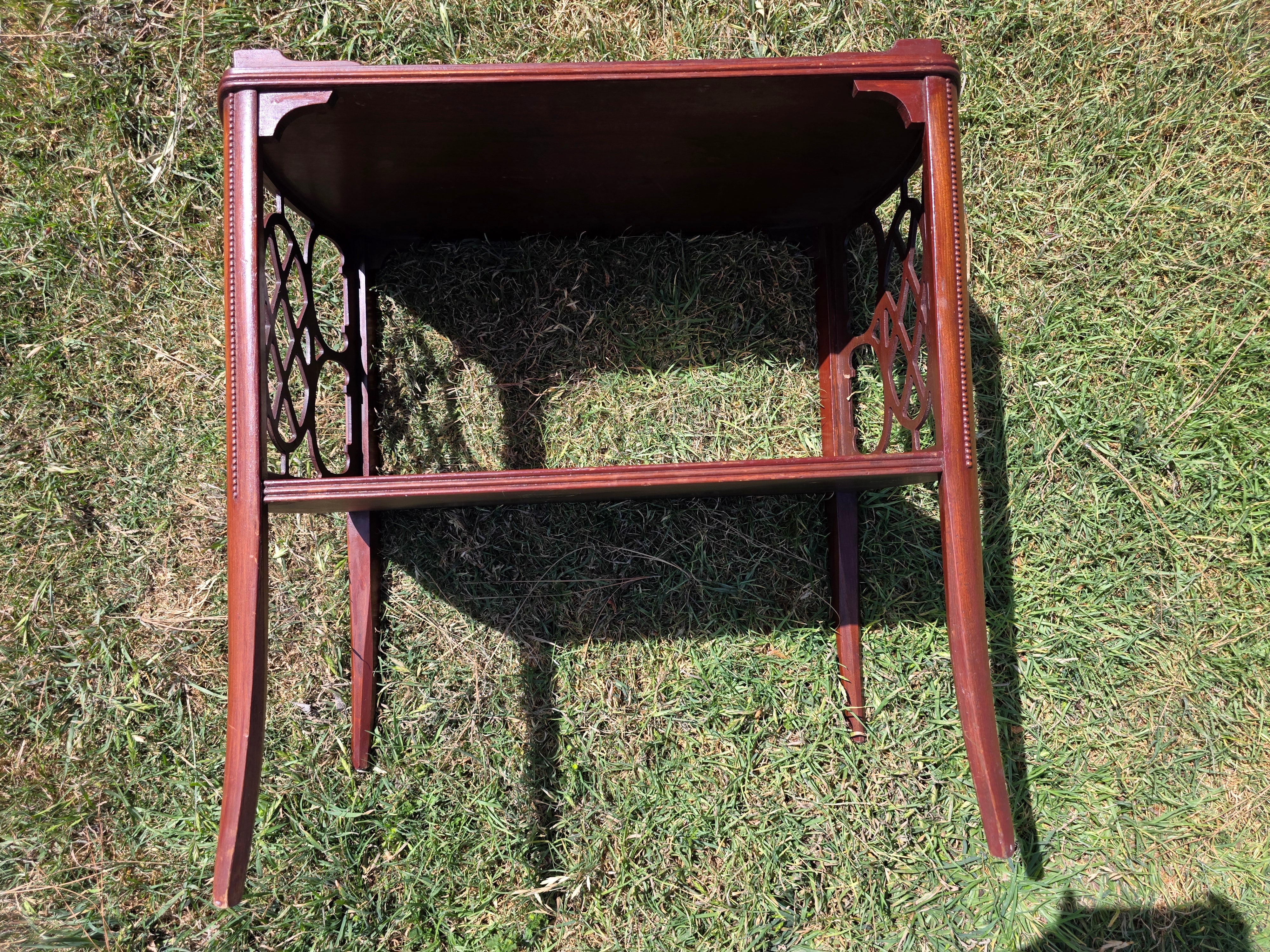 Vintage Butler Side Table Magazine Rack Mahogany Fretwork Beaded Leg