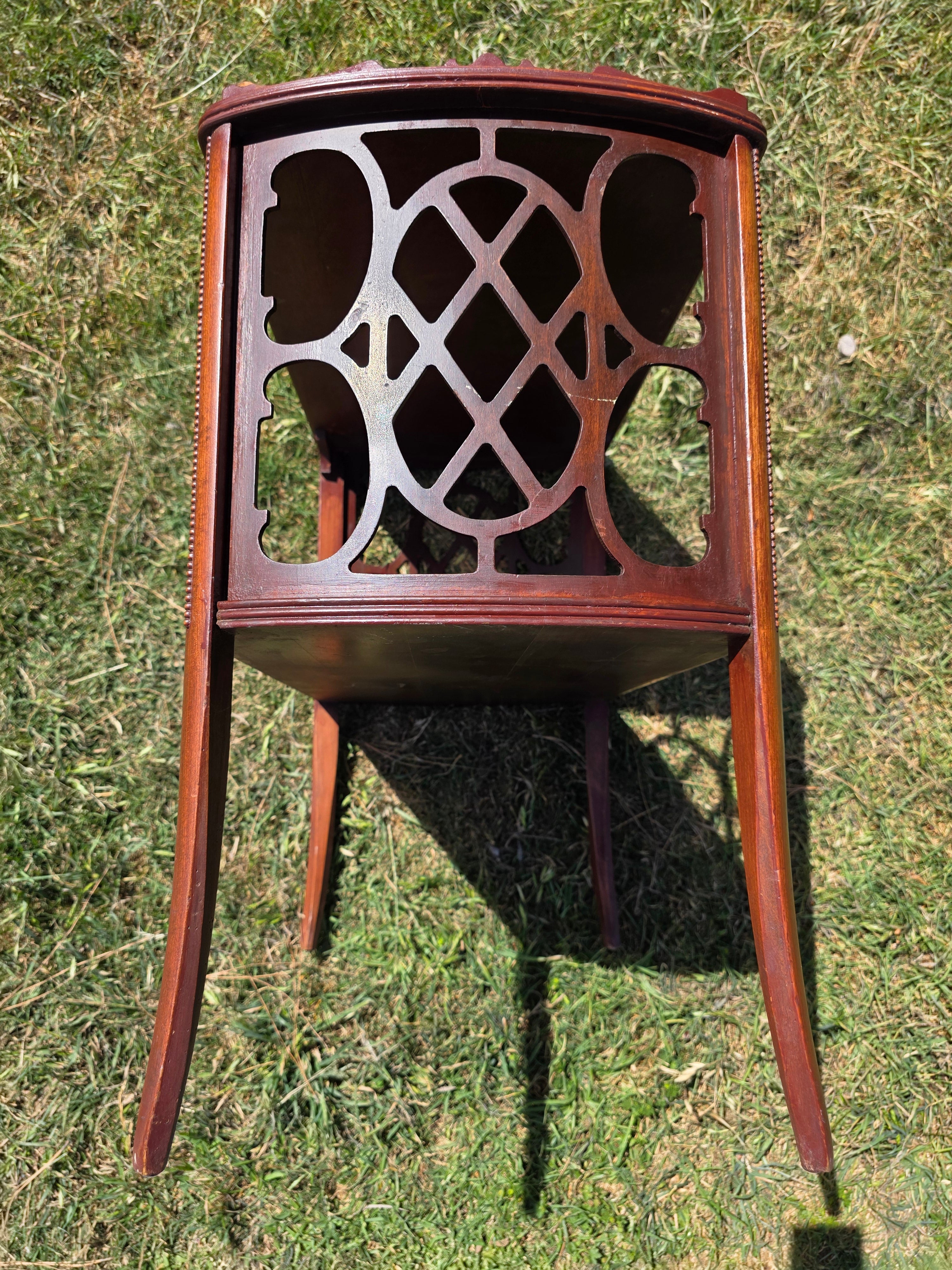 Vintage Butler Side Table Magazine Rack Mahogany Fretwork Beaded Leg