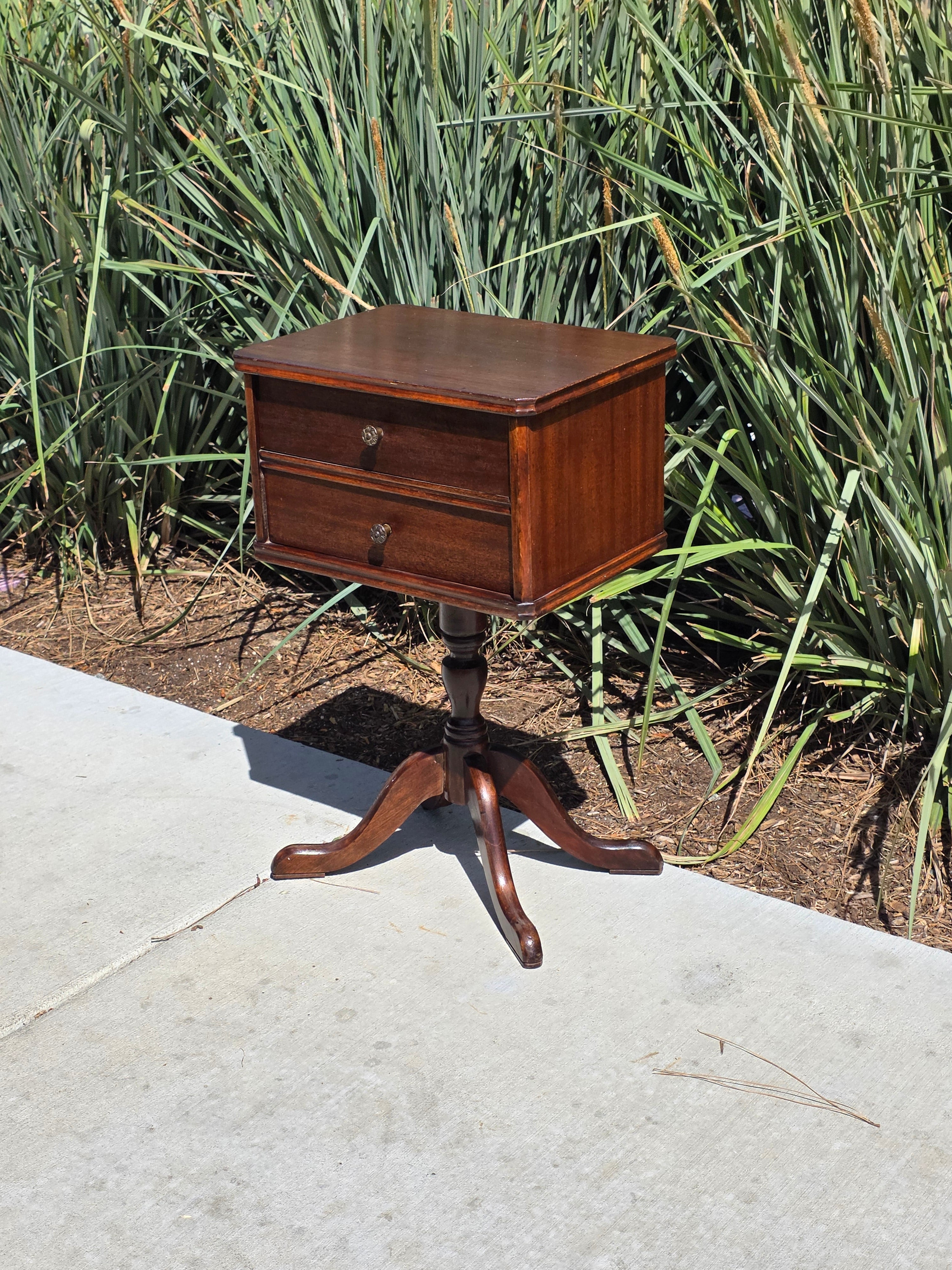 Vintage Duncan Phyfe Style Sewing Cabinet Side Table Mahogany Wood Spool Drawer