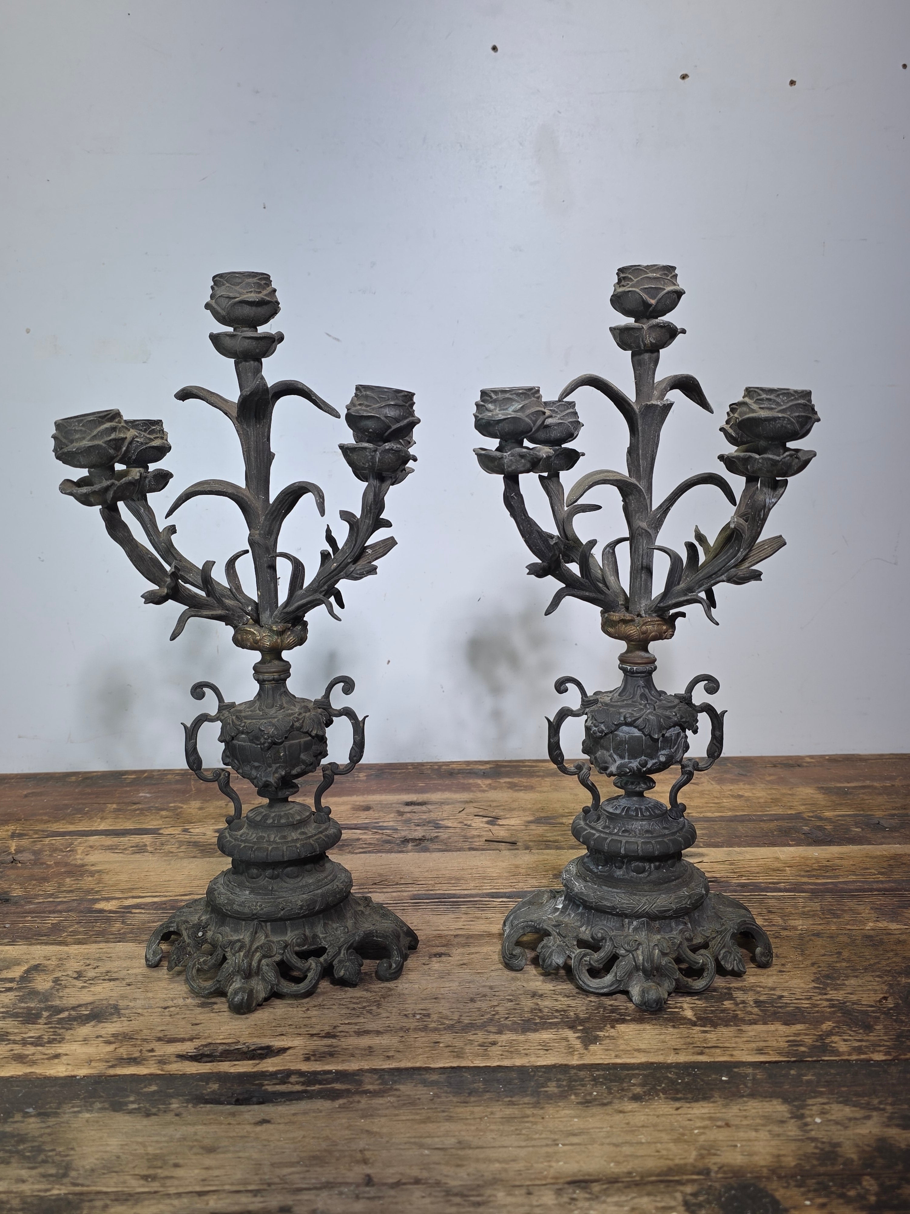 Antique French Rococo 5-Light Candelabra Pair Rose Spelter 15.5" - DAMAGED AS-IS