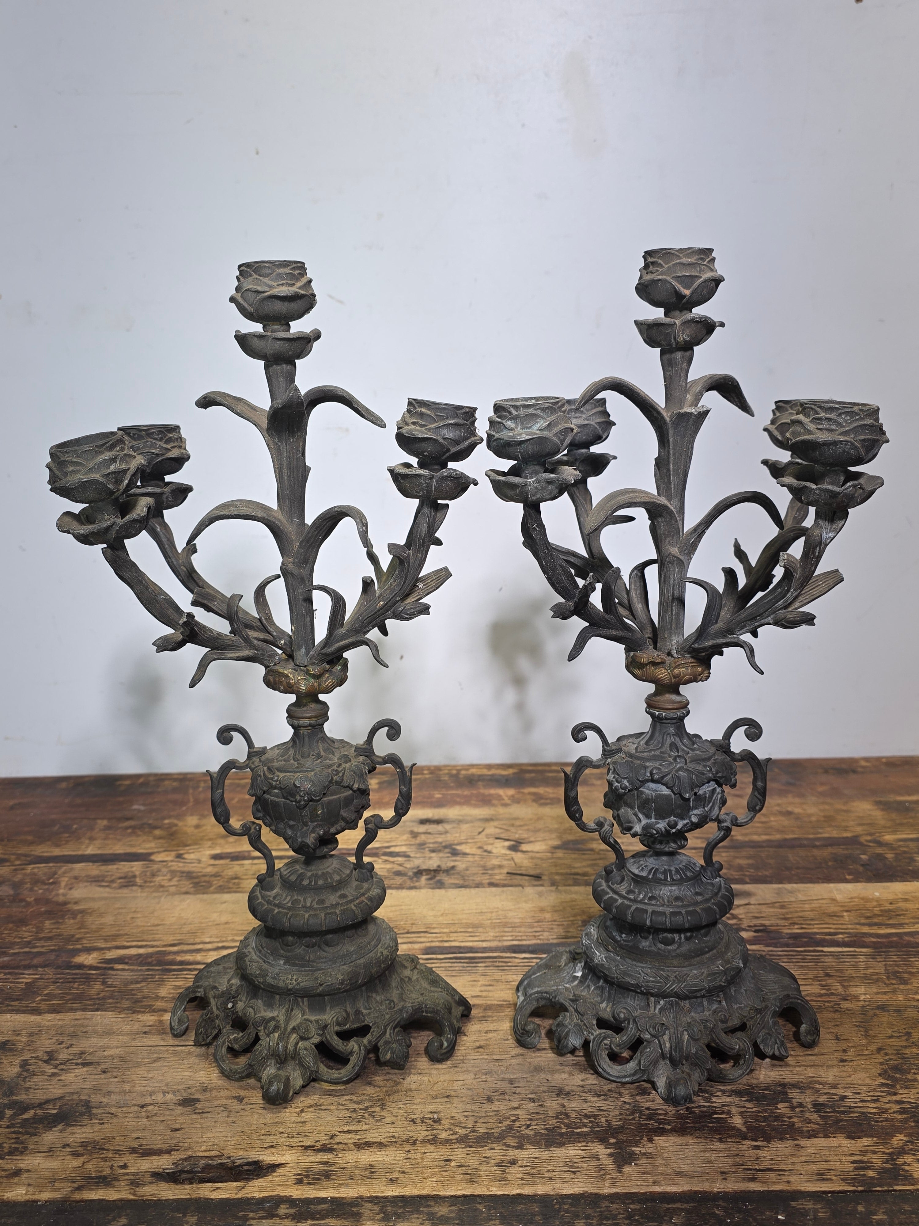 Antique French Rococo 5-Light Candelabra Pair Rose Spelter 15.5" - DAMAGED AS-IS