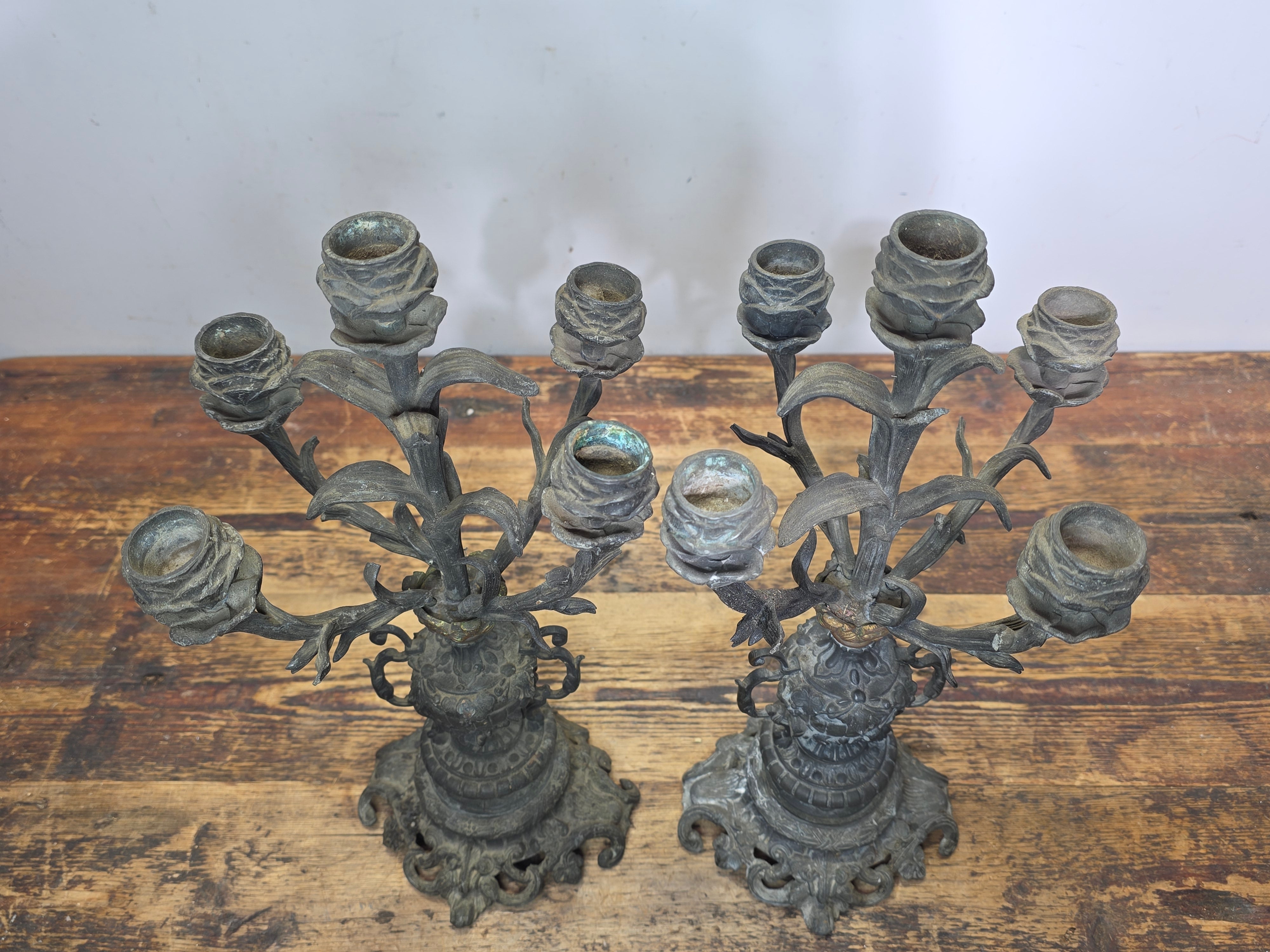 Antique French Rococo 5-Light Candelabra Pair Rose Spelter 15.5" - DAMAGED AS-IS