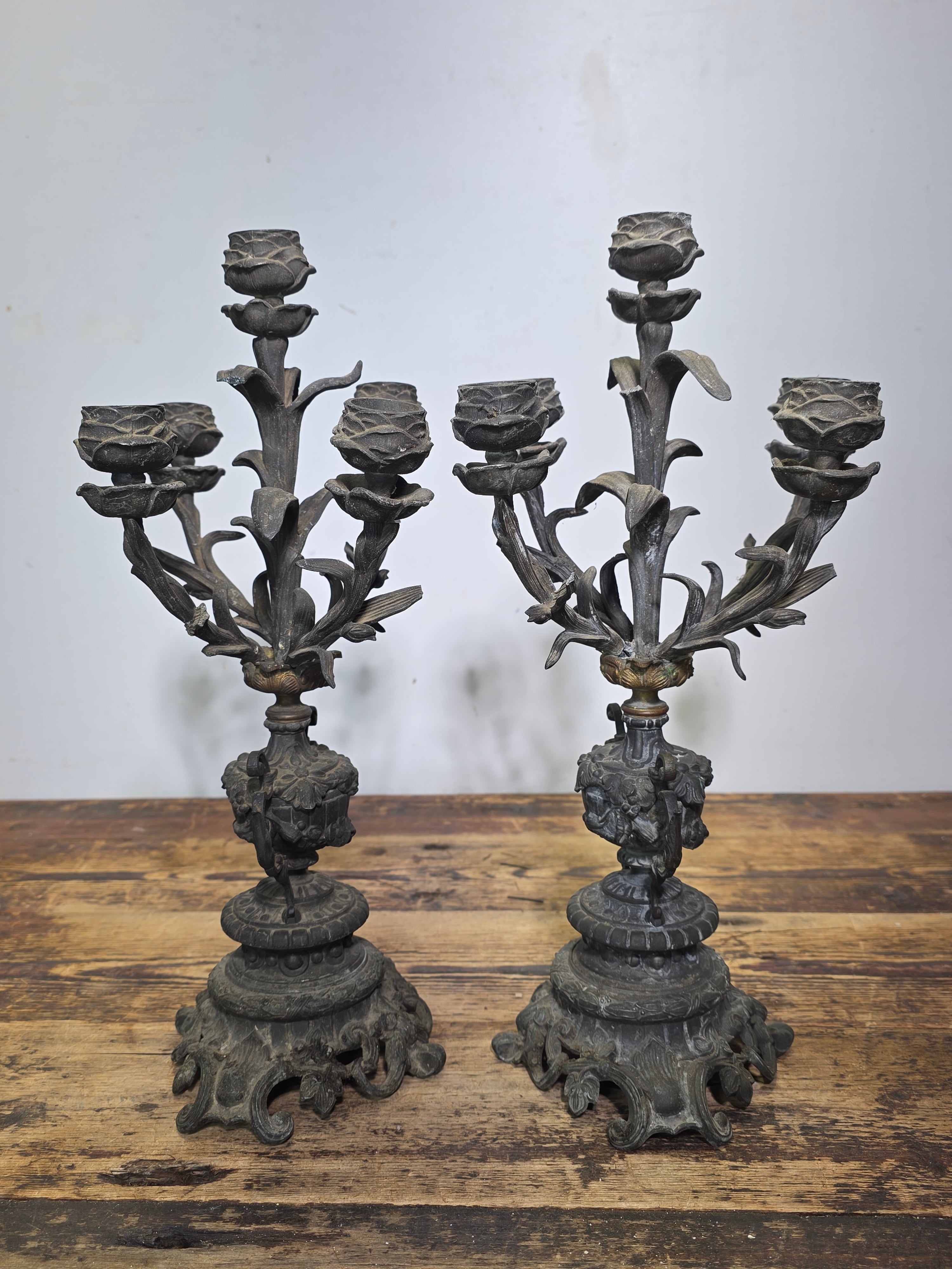Antique French Rococo 5-Light Candelabra Pair Rose Spelter 15.5" - DAMAGED AS-IS
