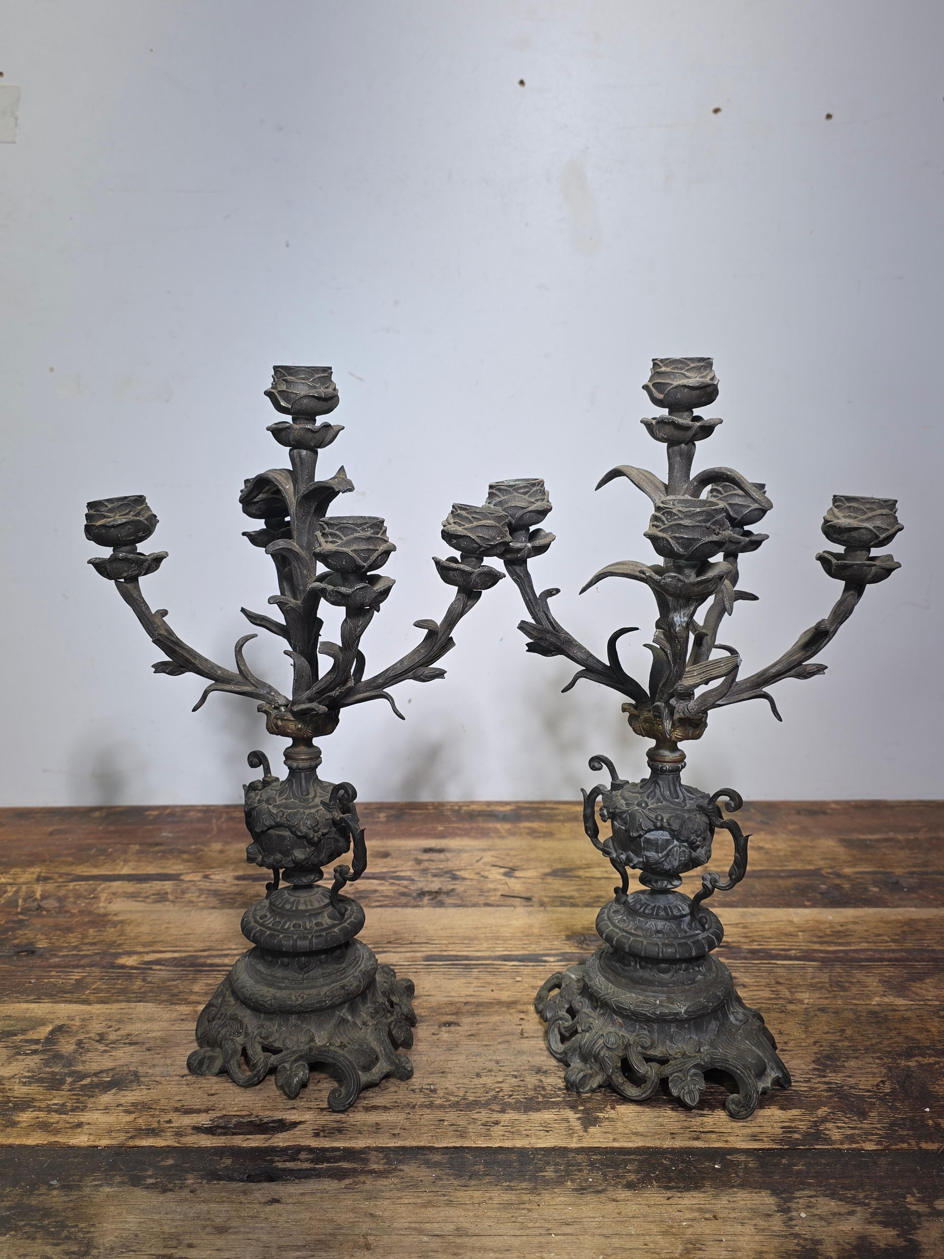 Antique French Rococo 5-Light Candelabra Pair Rose Spelter 15.5" - DAMAGED AS-IS