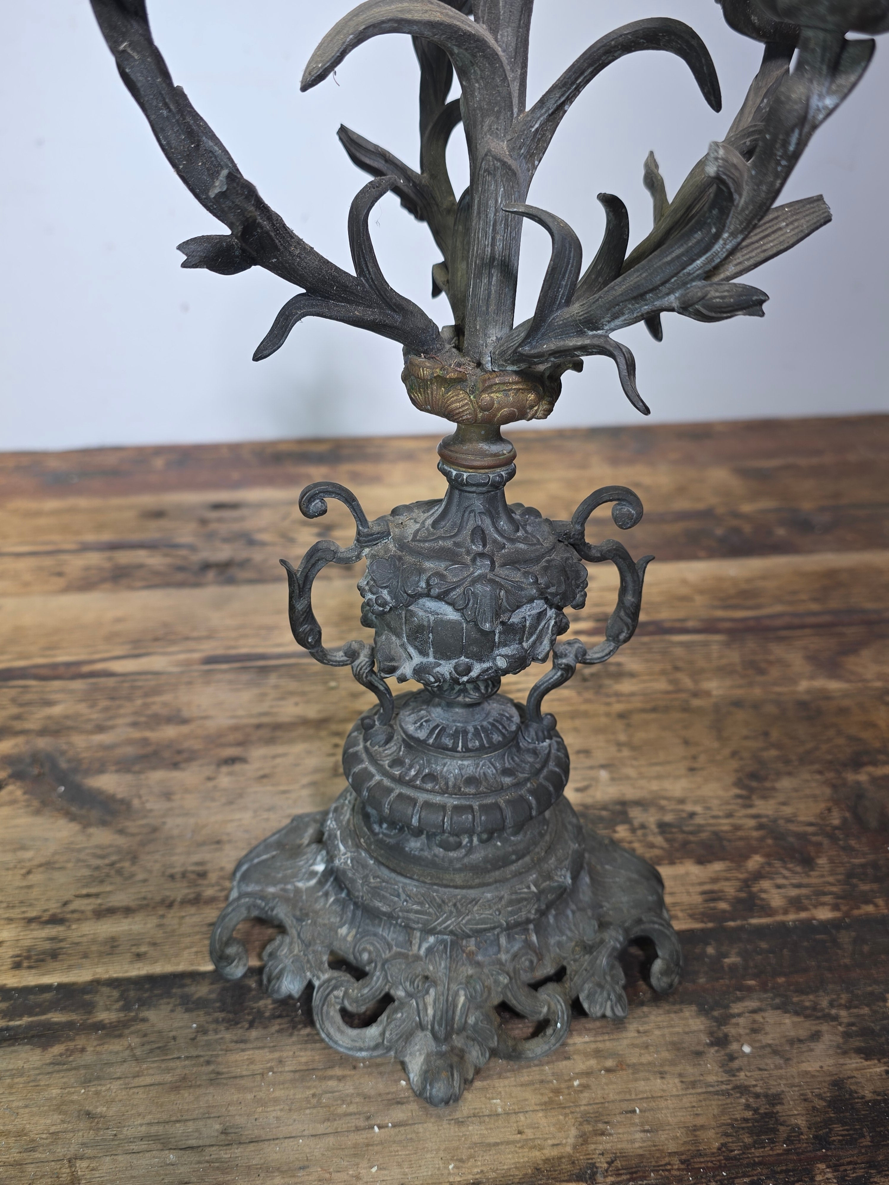 Antique French Rococo 5-Light Candelabra Pair Rose Spelter 15.5" - DAMAGED AS-IS