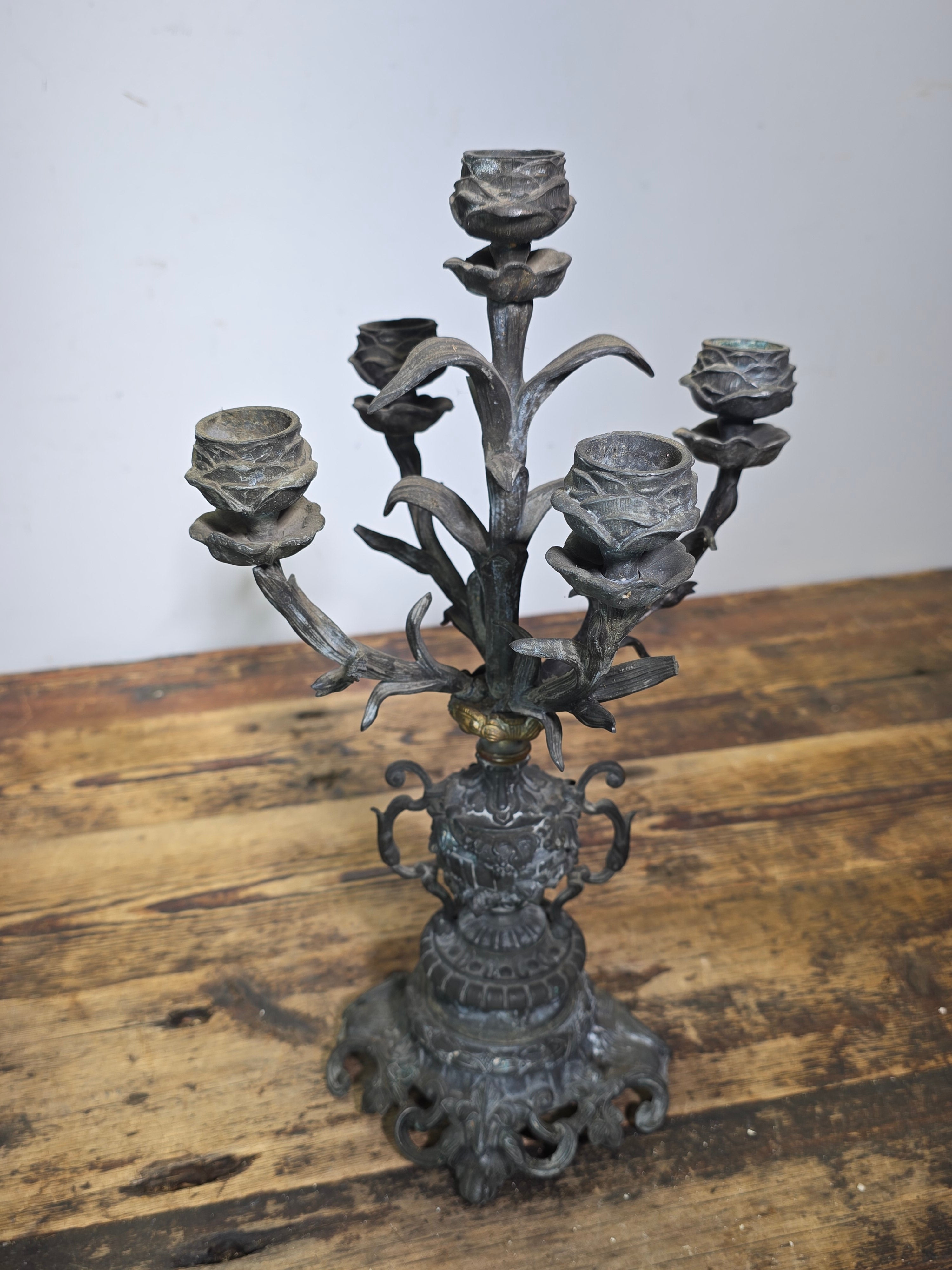Antique French Rococo 5-Light Candelabra Pair Rose Spelter 15.5" - DAMAGED AS-IS