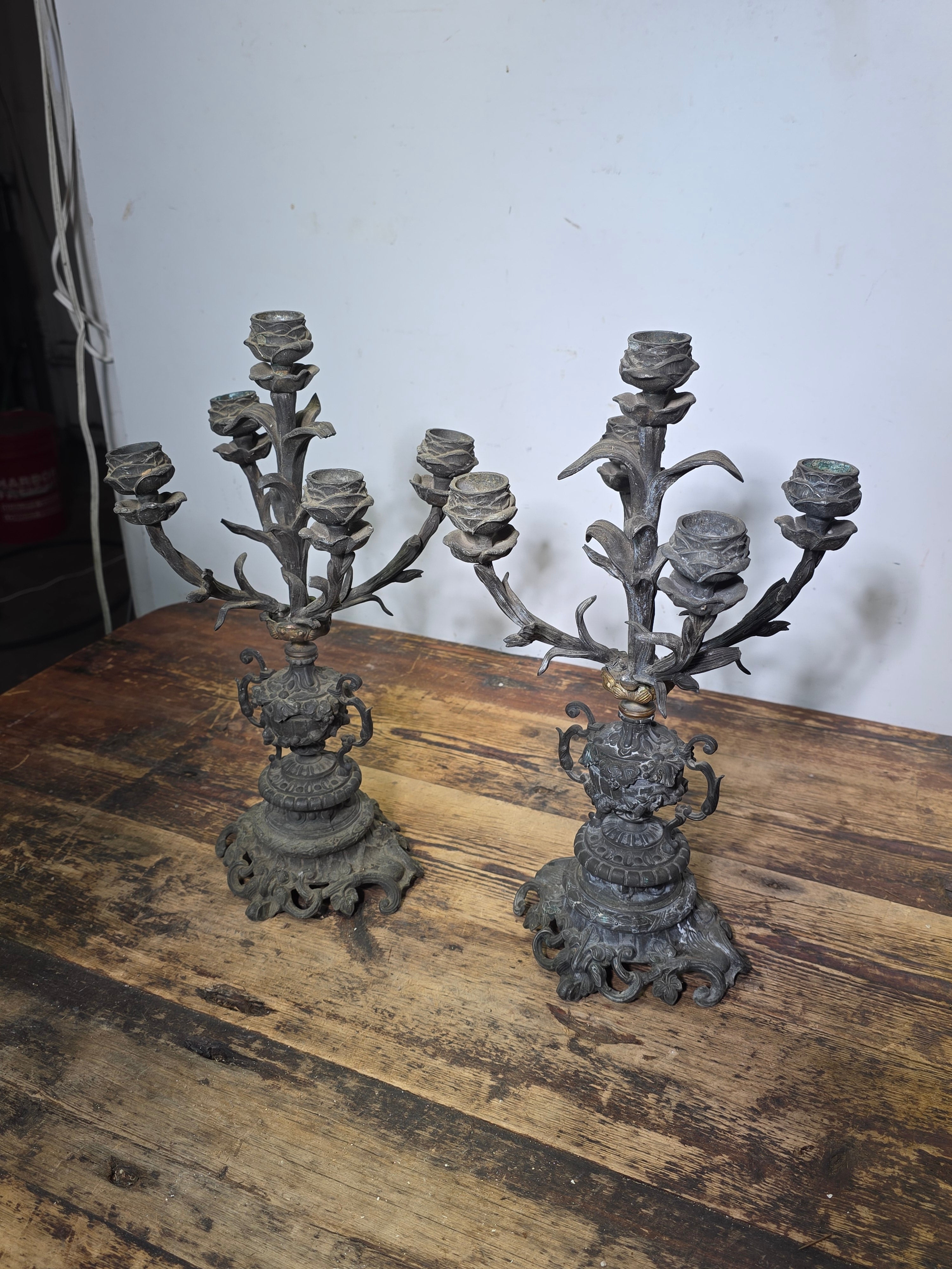 Antique French Rococo 5-Light Candelabra Pair Rose Spelter 15.5" - DAMAGED AS-IS