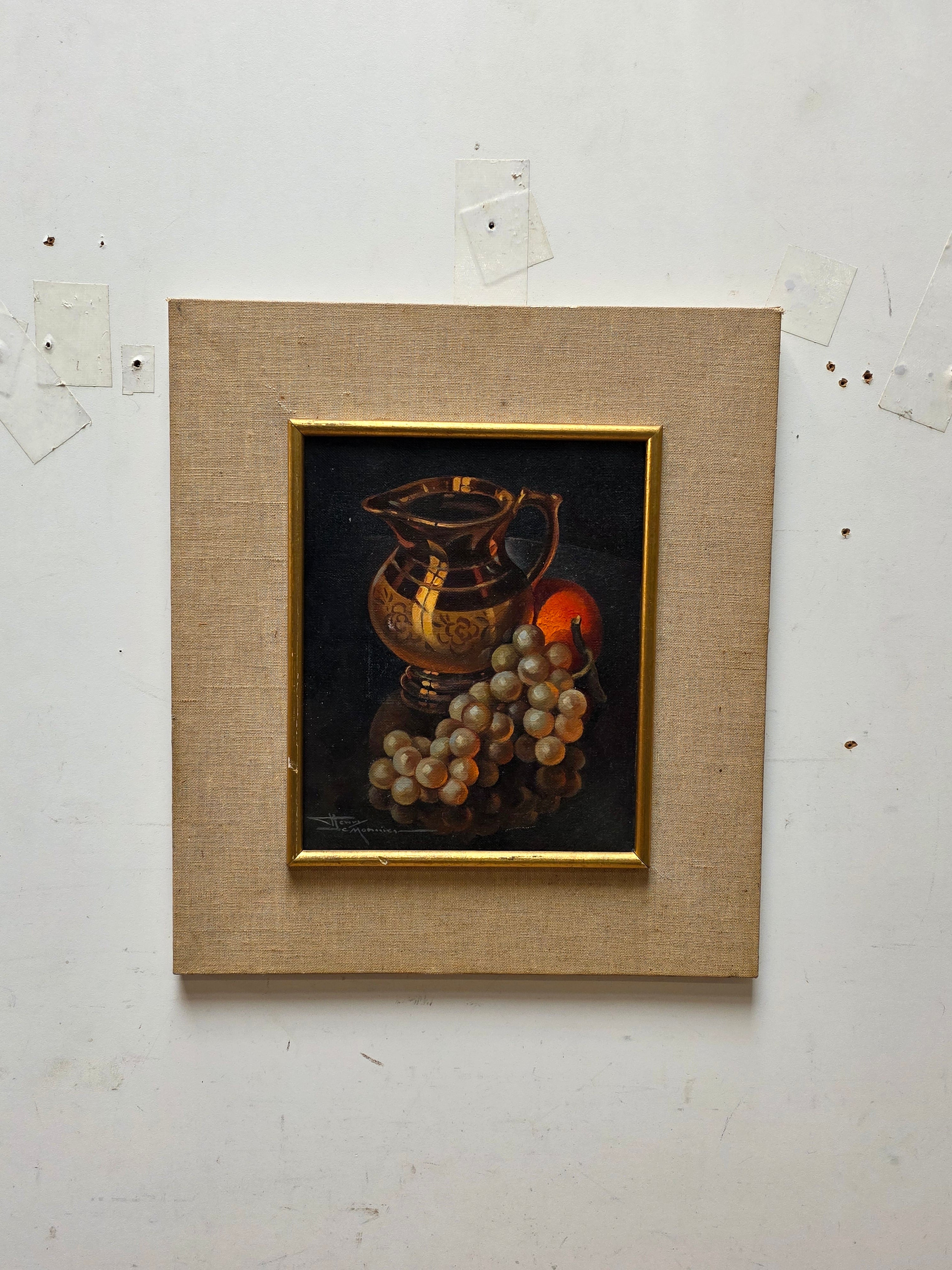 Henry Le Monnier Original Still Life Oil Painting 1930s Gilt Pitcher Grapes