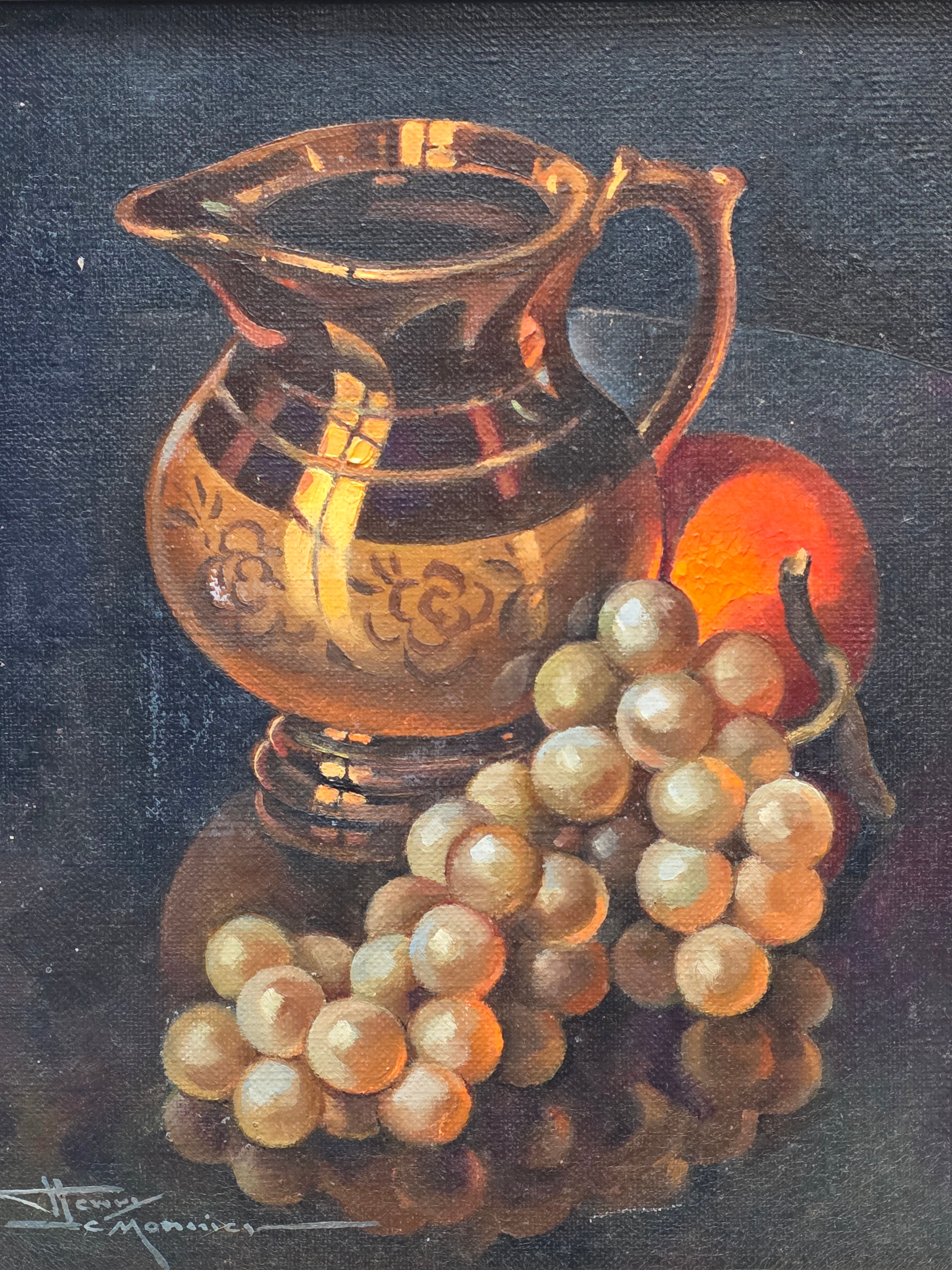 Henry Le Monnier Original Still Life Oil Painting 1930s Gilt Pitcher Grapes