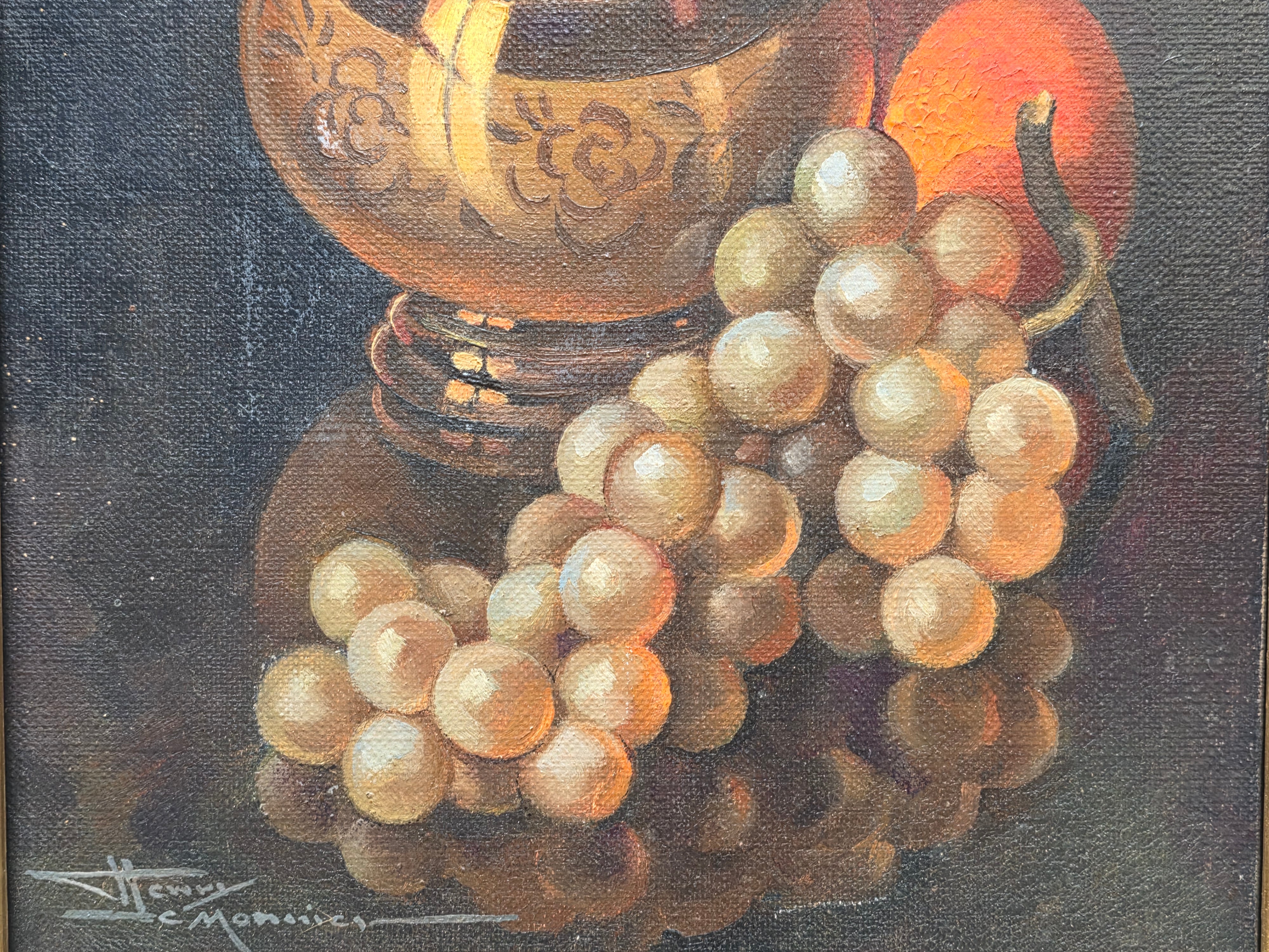 Henry Le Monnier Original Still Life Oil Painting 1930s Gilt Pitcher Grapes