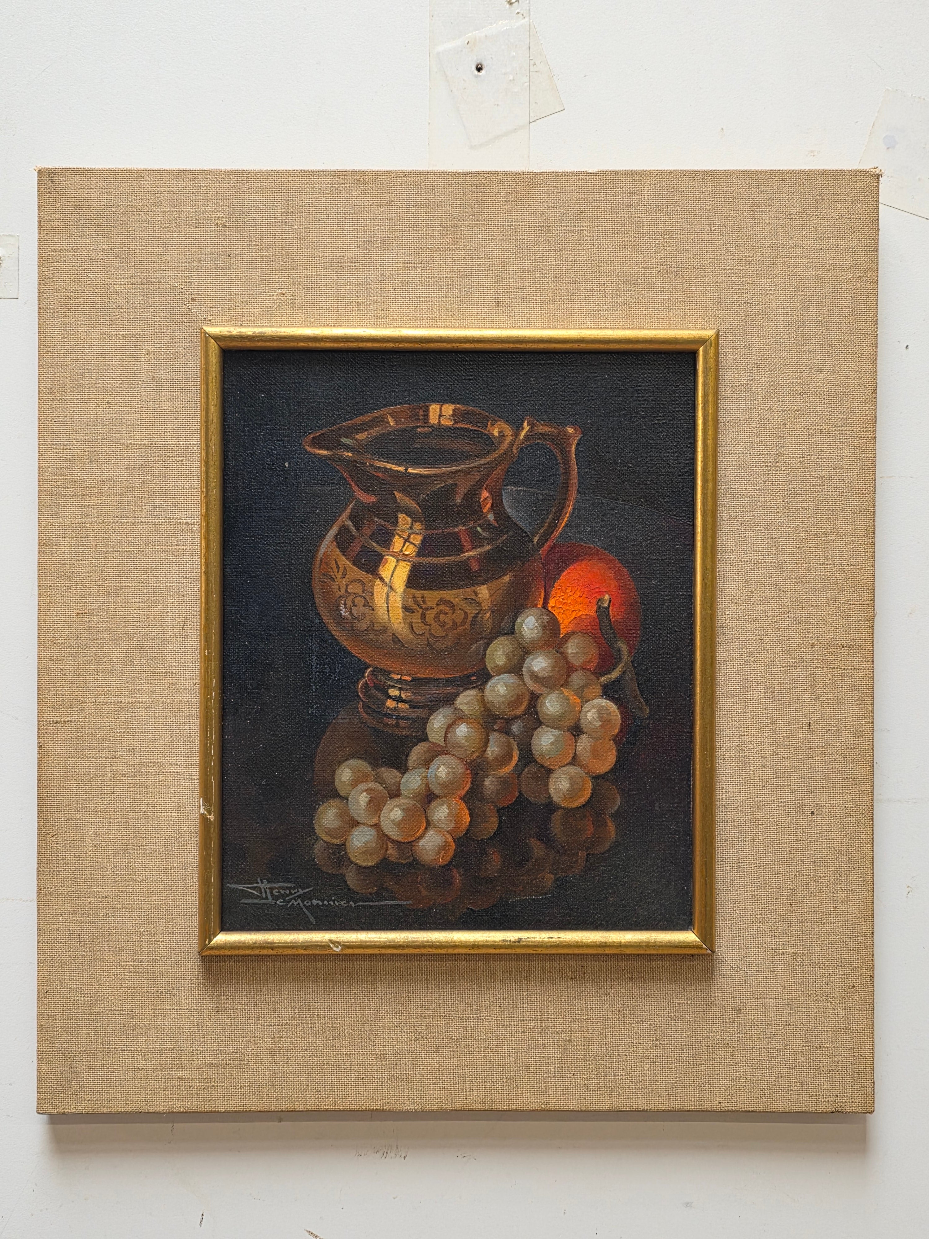 Henry Le Monnier Original Still Life Oil Painting 1930s Gilt Pitcher Grapes