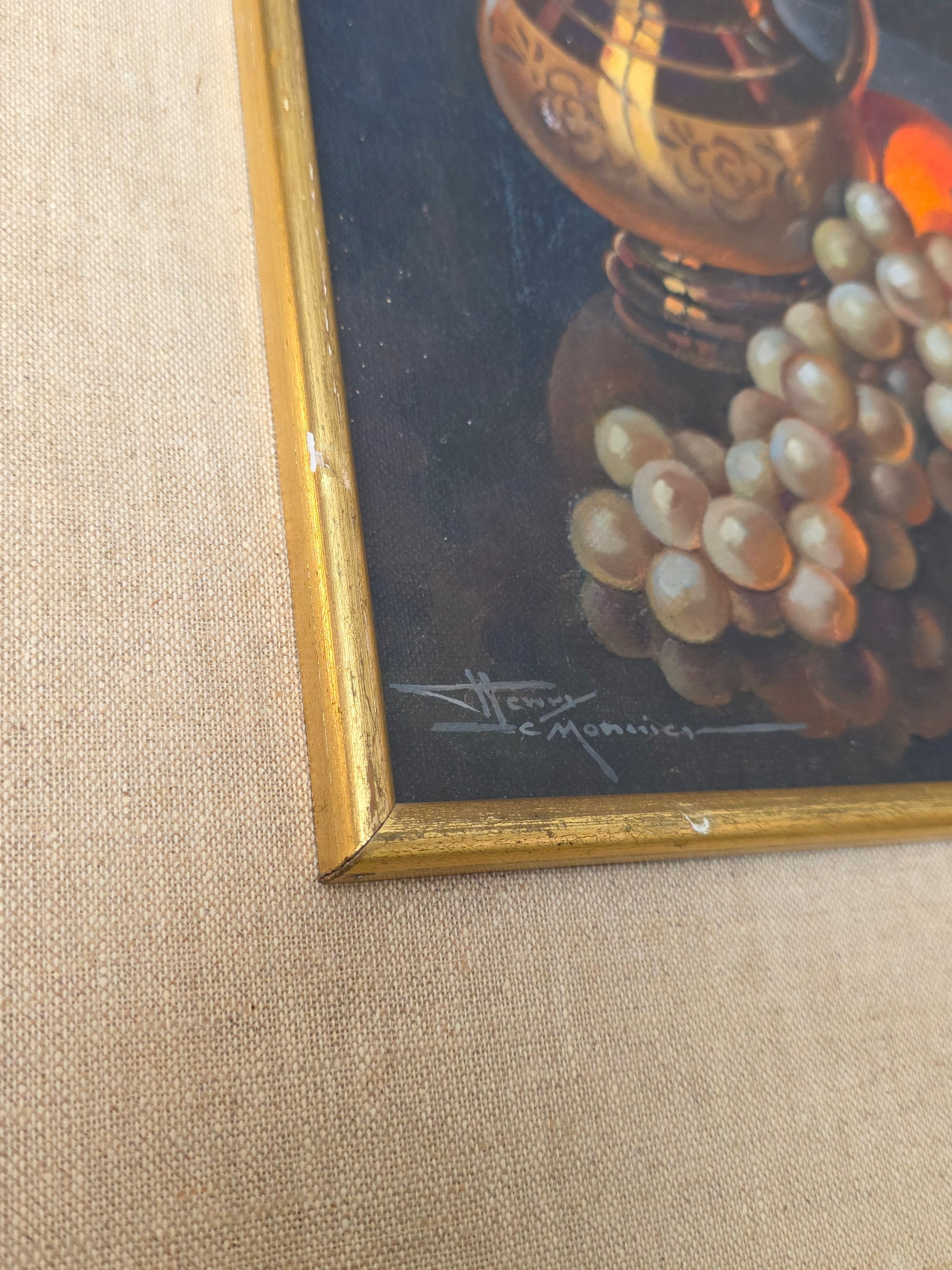 Henry Le Monnier Original Still Life Oil Painting 1930s Gilt Pitcher Grapes