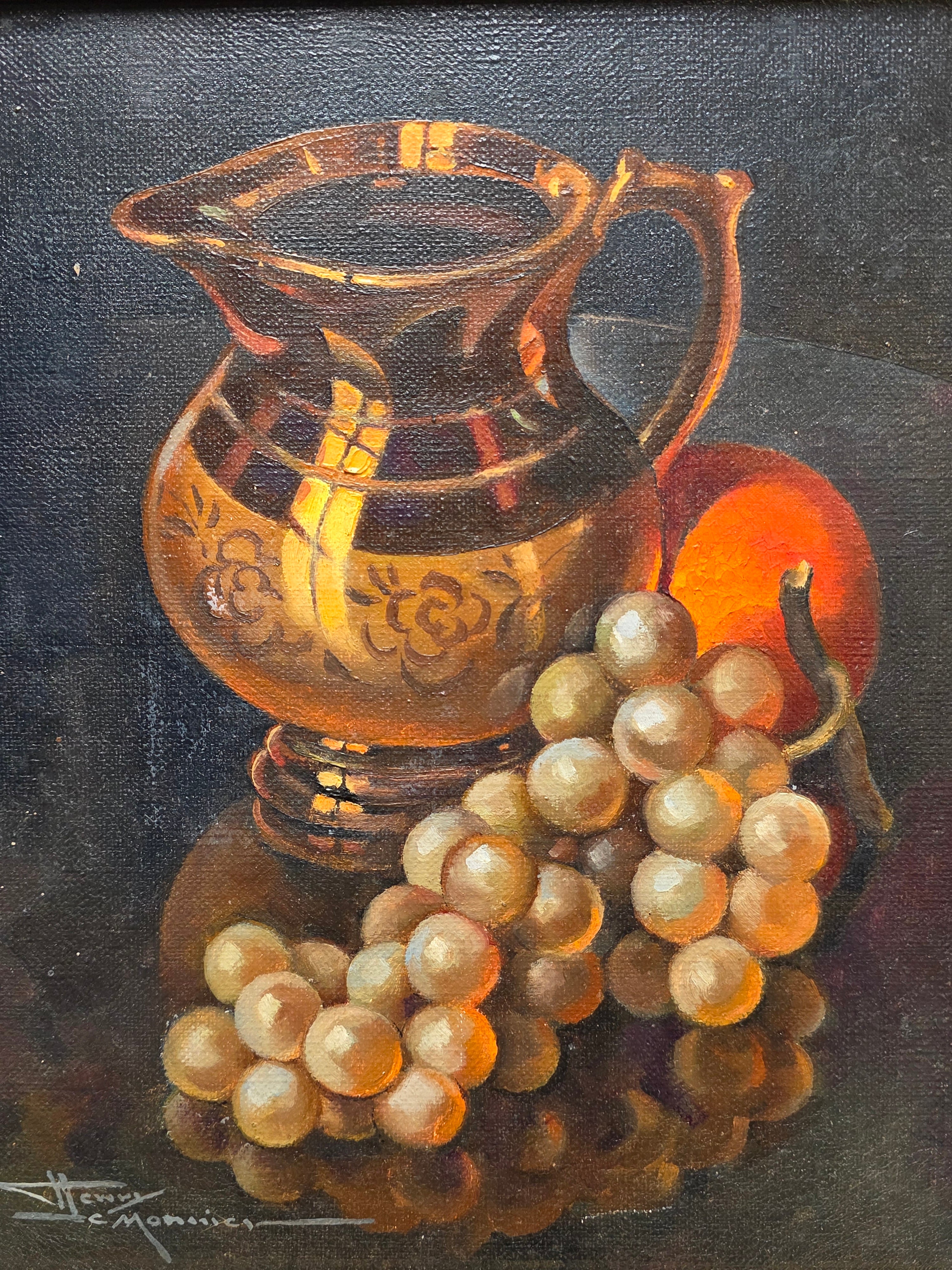 Henry Le Monnier Original Still Life Oil Painting 1930s Gilt Pitcher Grapes