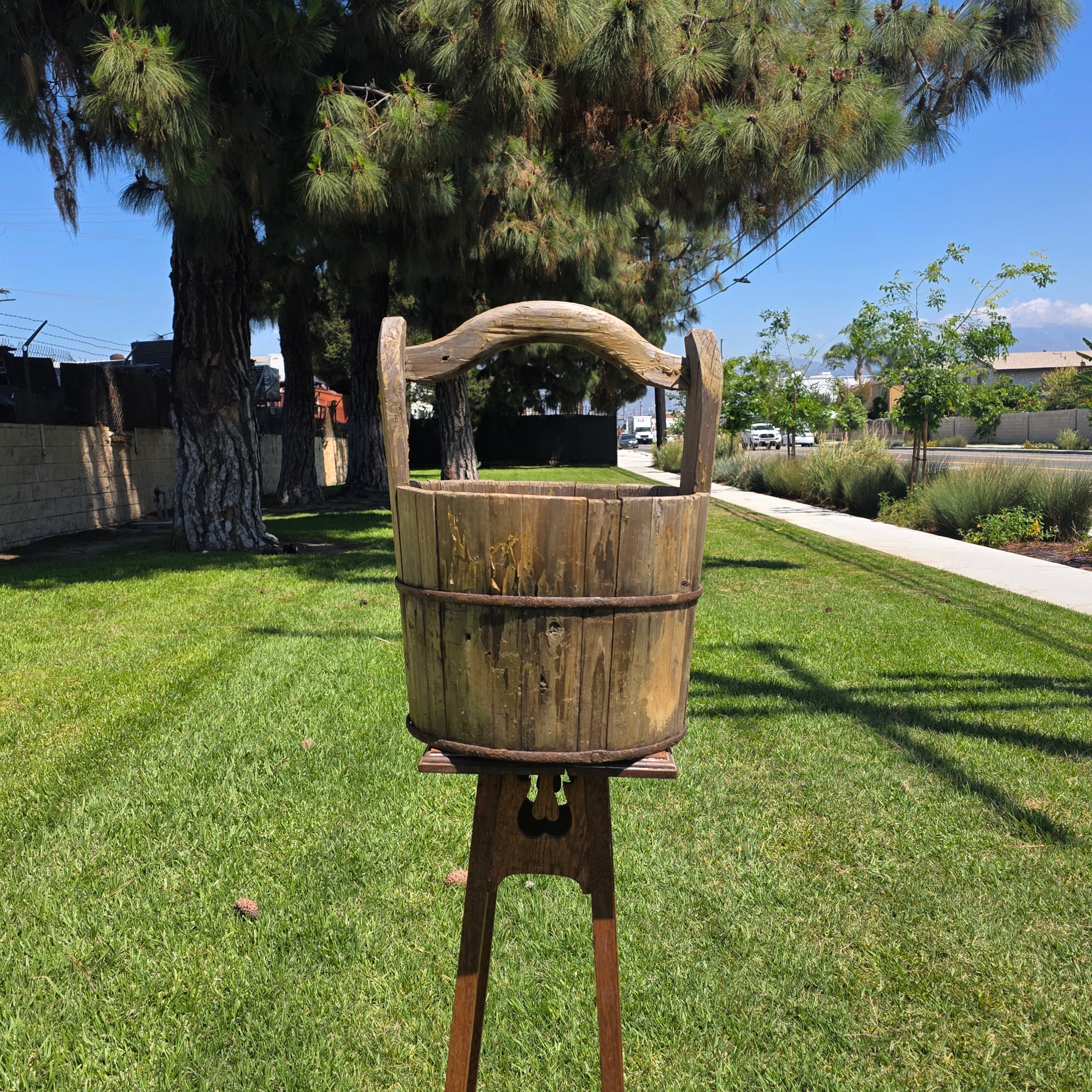 Antique Primitive Wooden Bucket 19th C Extended Stave Handle Rustic Farmhouse