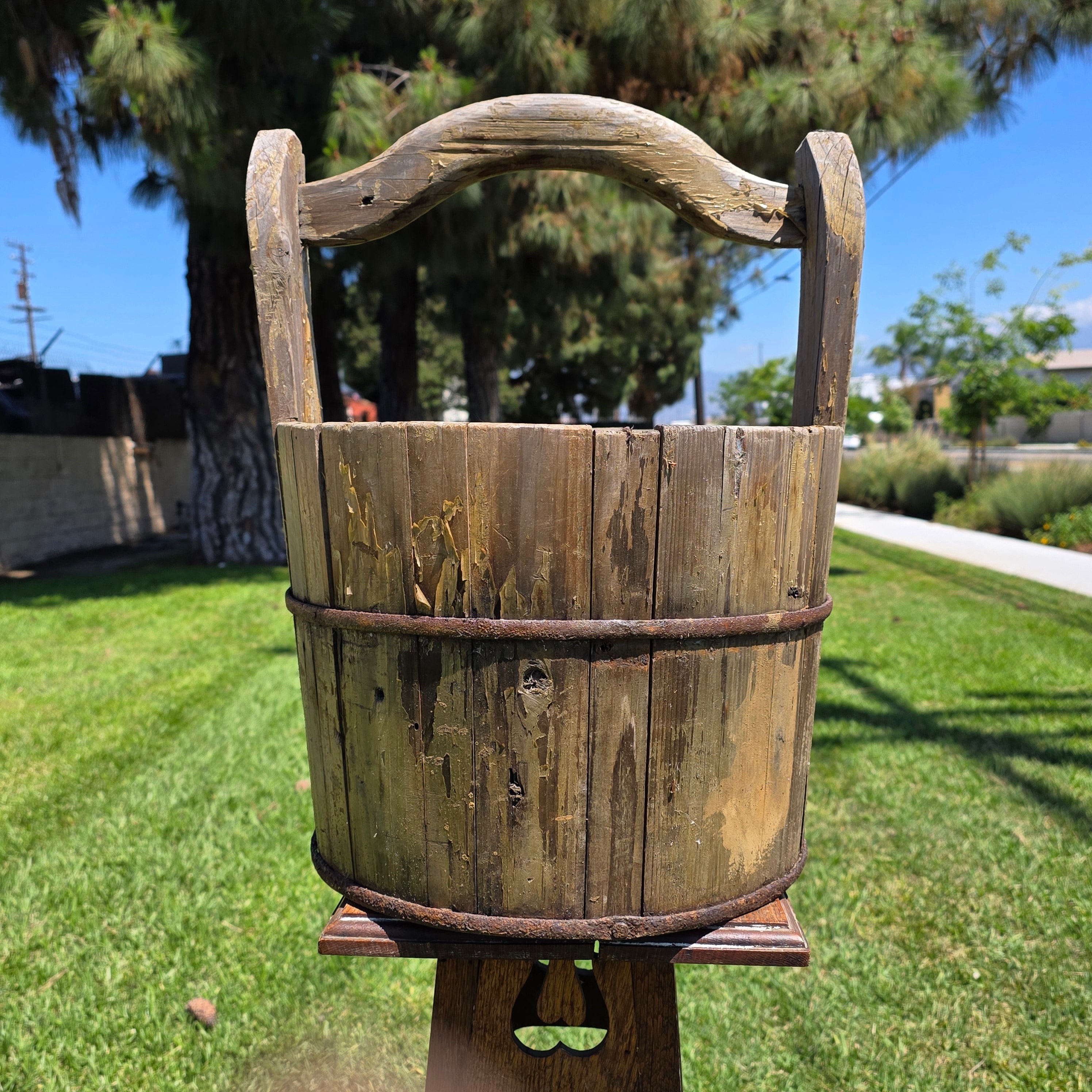 Antique Primitive Wooden Bucket 19th C Extended Stave Handle Rustic Farmhouse