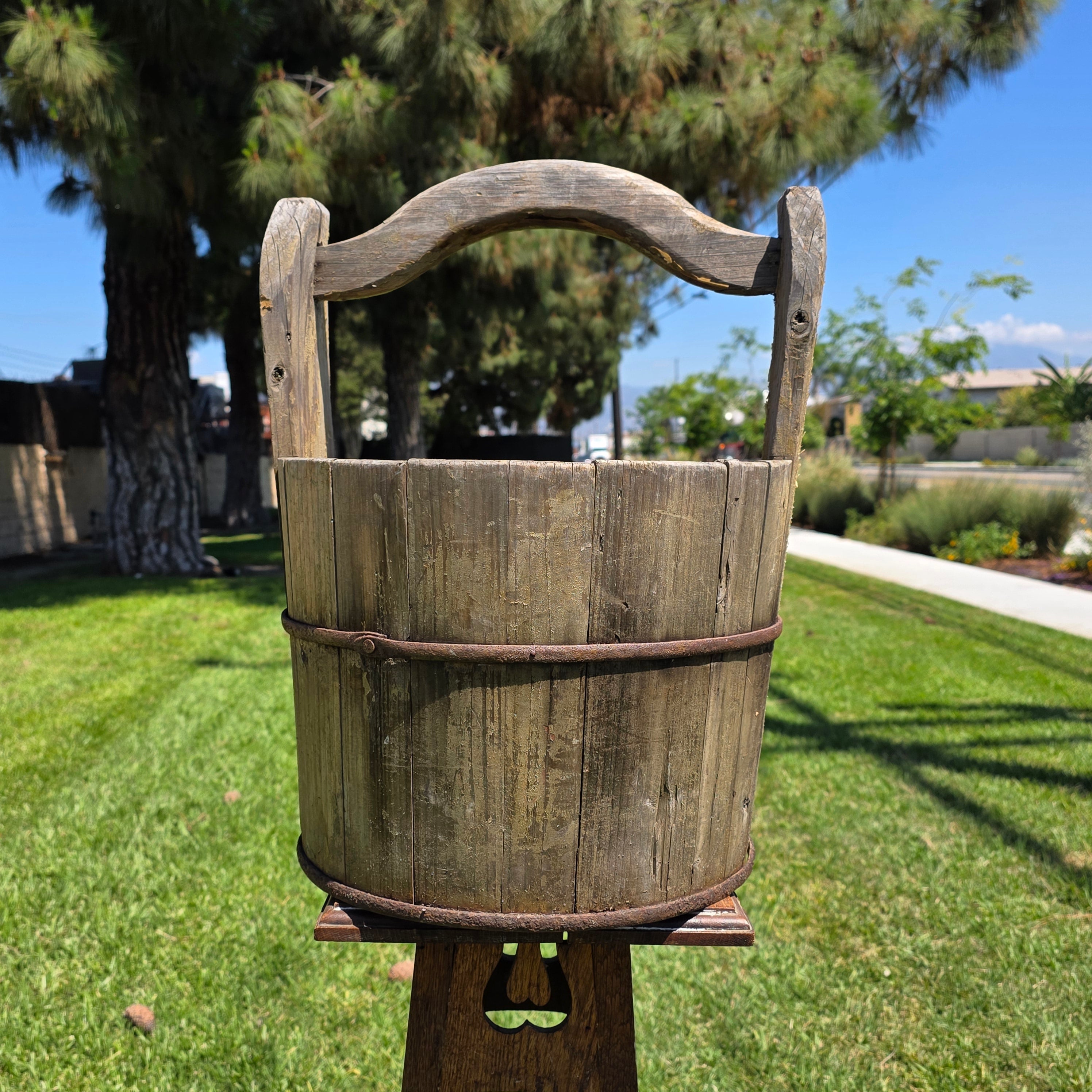 Antique Primitive Wooden Bucket 19th C Extended Stave Handle Rustic Farmhouse