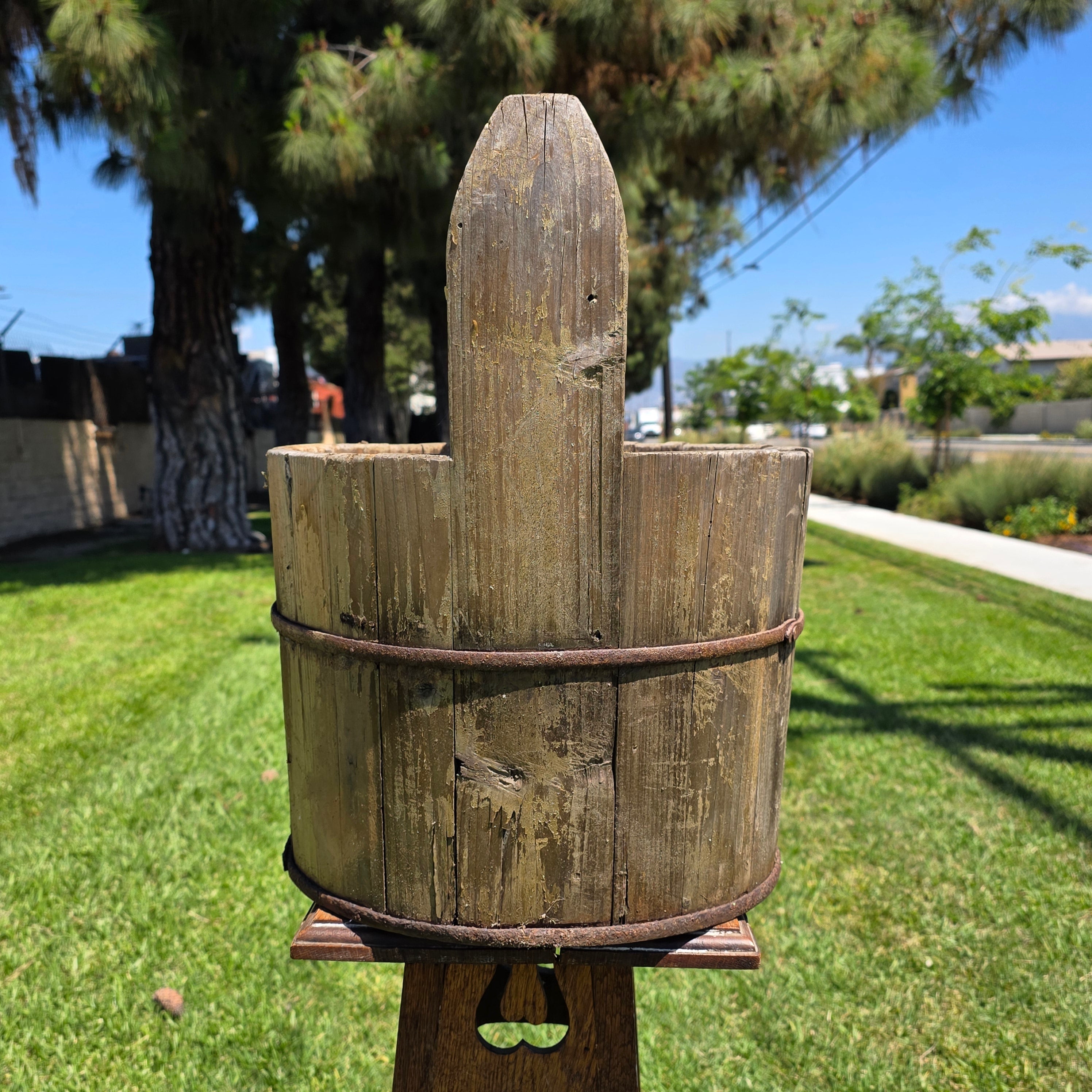 Antique Primitive Wooden Bucket 19th C Extended Stave Handle Rustic Farmhouse