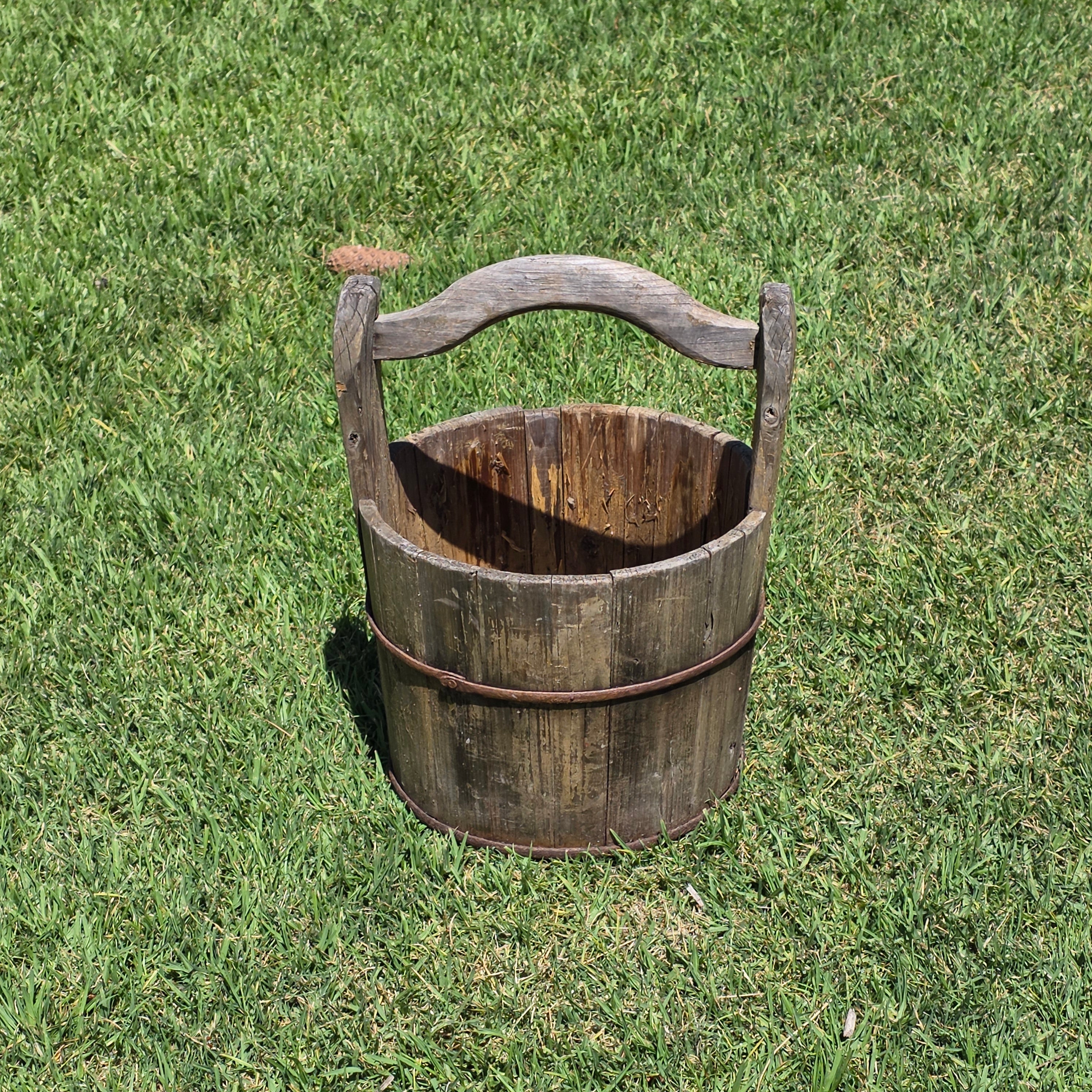 Antique Primitive Wooden Bucket 19th C Extended Stave Handle Rustic Farmhouse