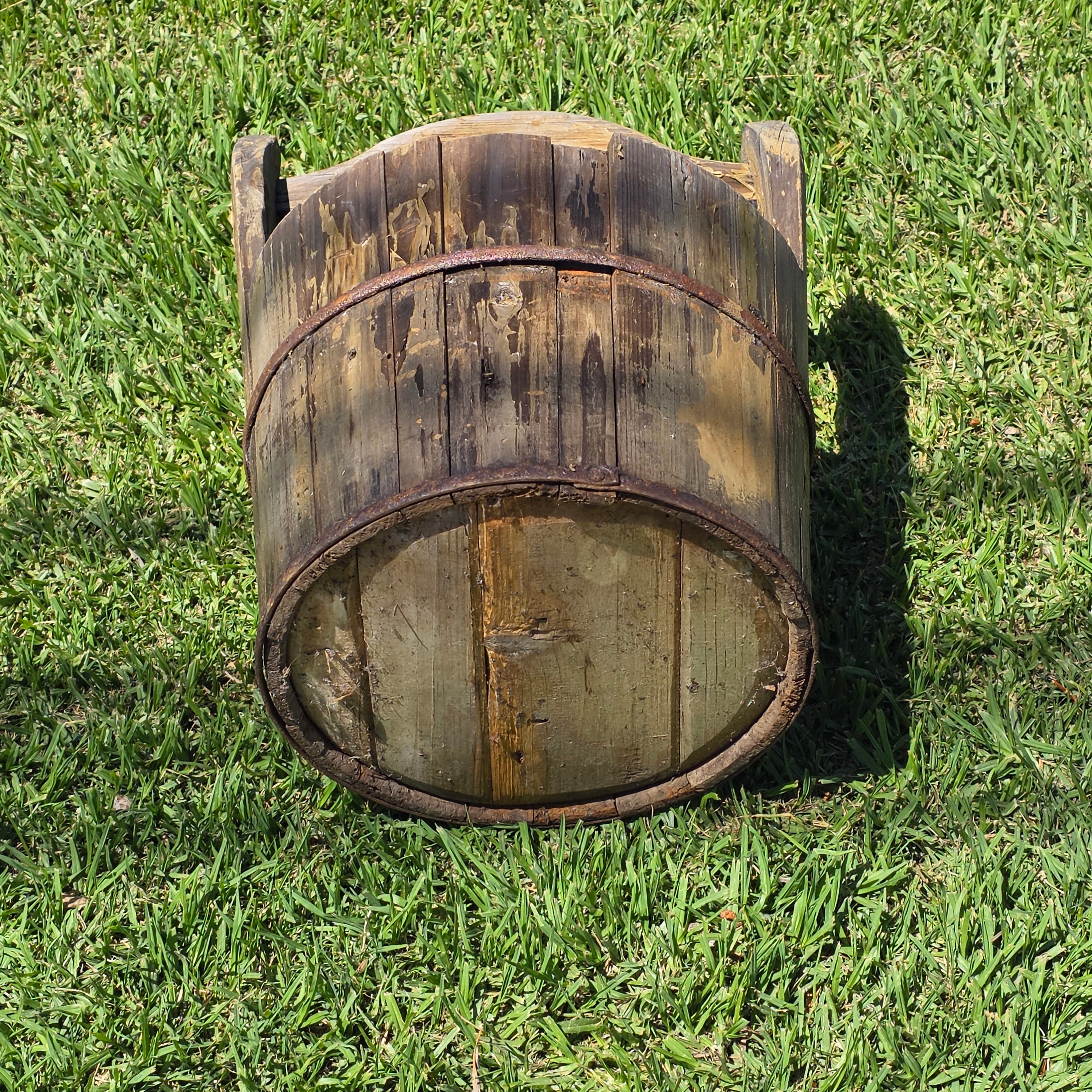 Antique Primitive Wooden Bucket 19th C Extended Stave Handle Rustic Farmhouse