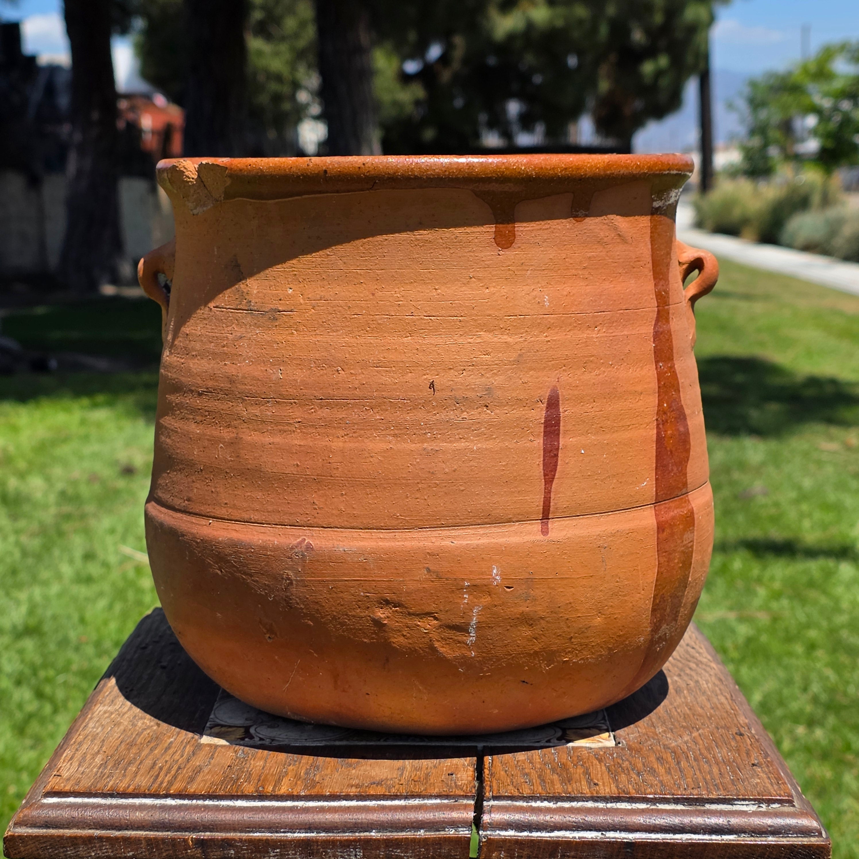 Vintage Terracotta Confit Pot Bean Pot Rustic Clay Planter Drip Glaze Ear Handle