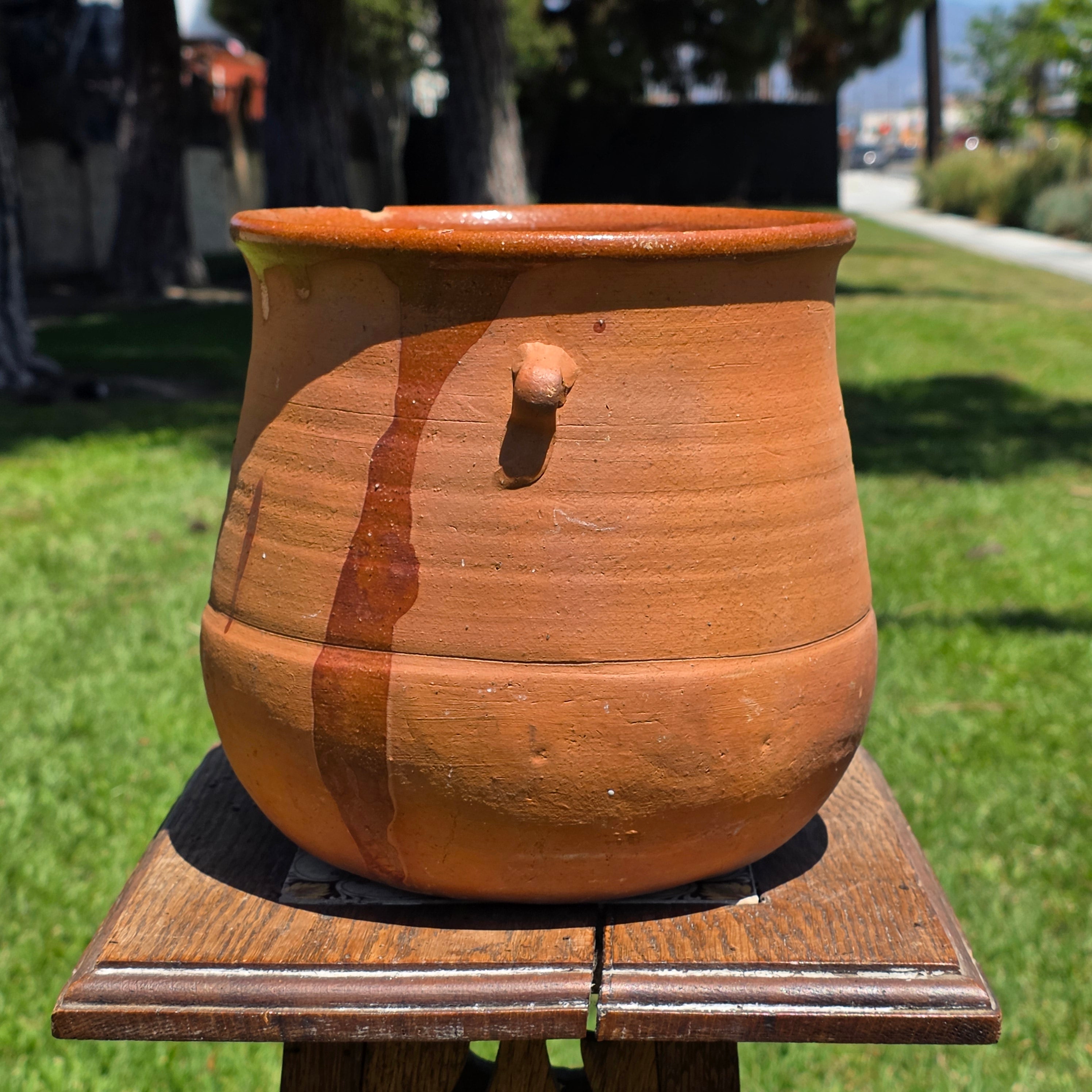Vintage Terracotta Confit Pot Bean Pot Rustic Clay Planter Drip Glaze Ear Handle