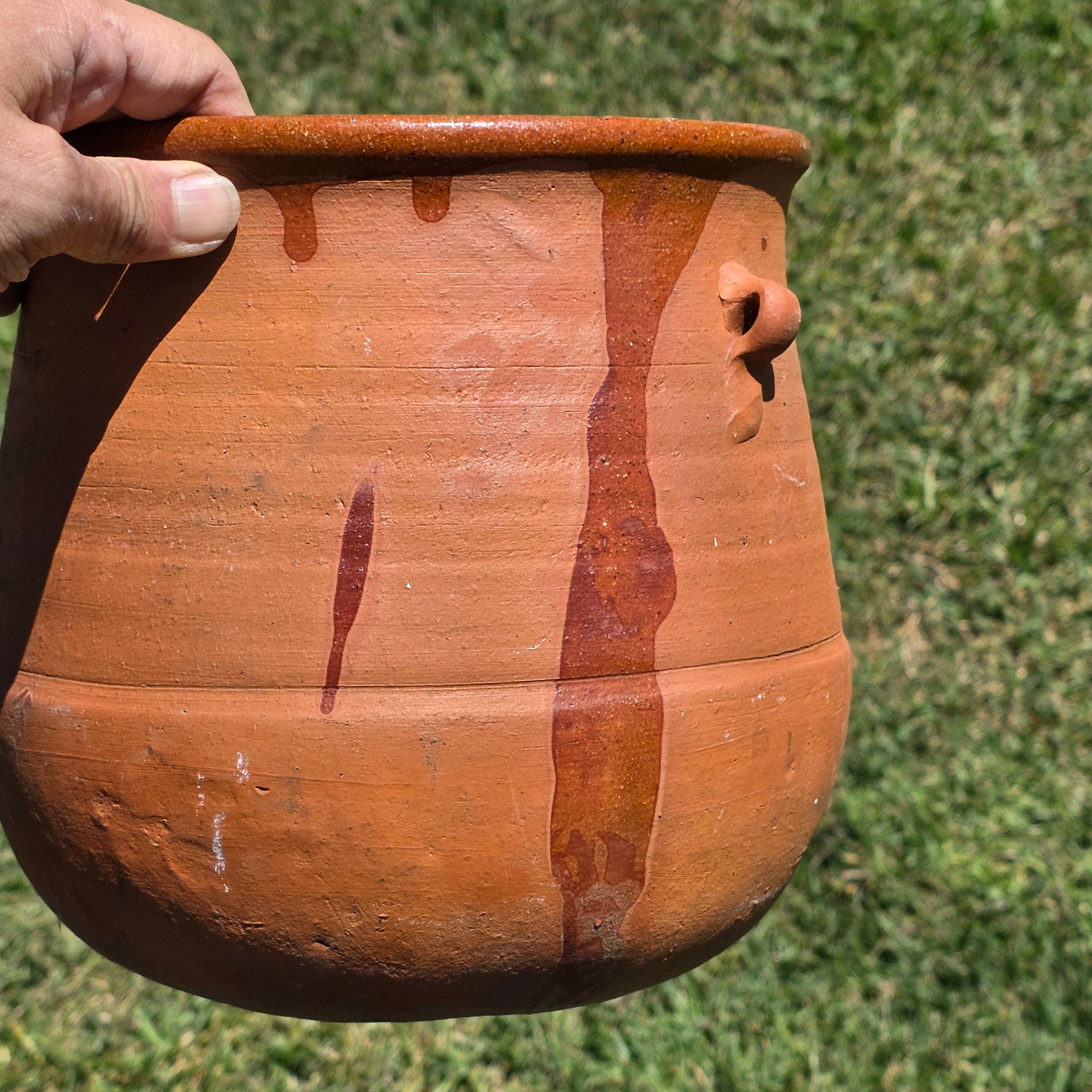 Vintage Terracotta Confit Pot Bean Pot Rustic Clay Planter Drip Glaze Ear Handle