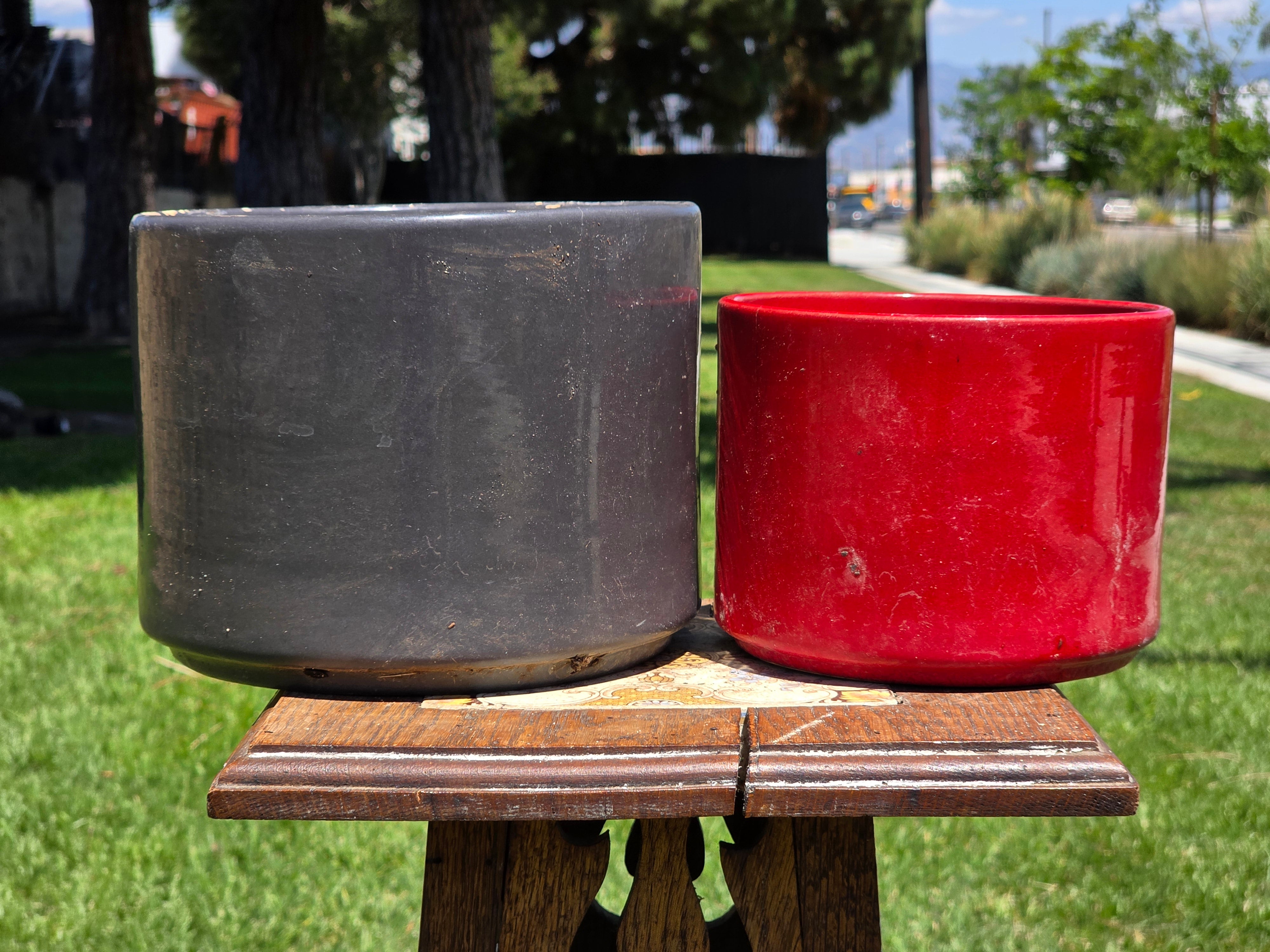 Gainey Ceramics Planter Set 2pc Vintage MCM California Pottery Dark Green Red