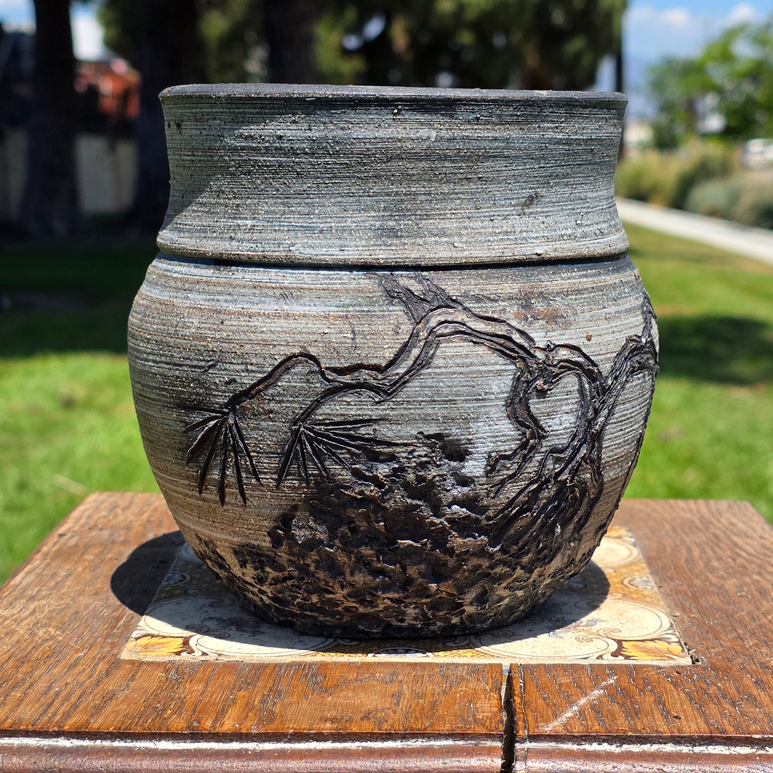 Vintage 1973 Signed HARI Studio Pottery Planter Pine Tree Zen Art 6" Hairline